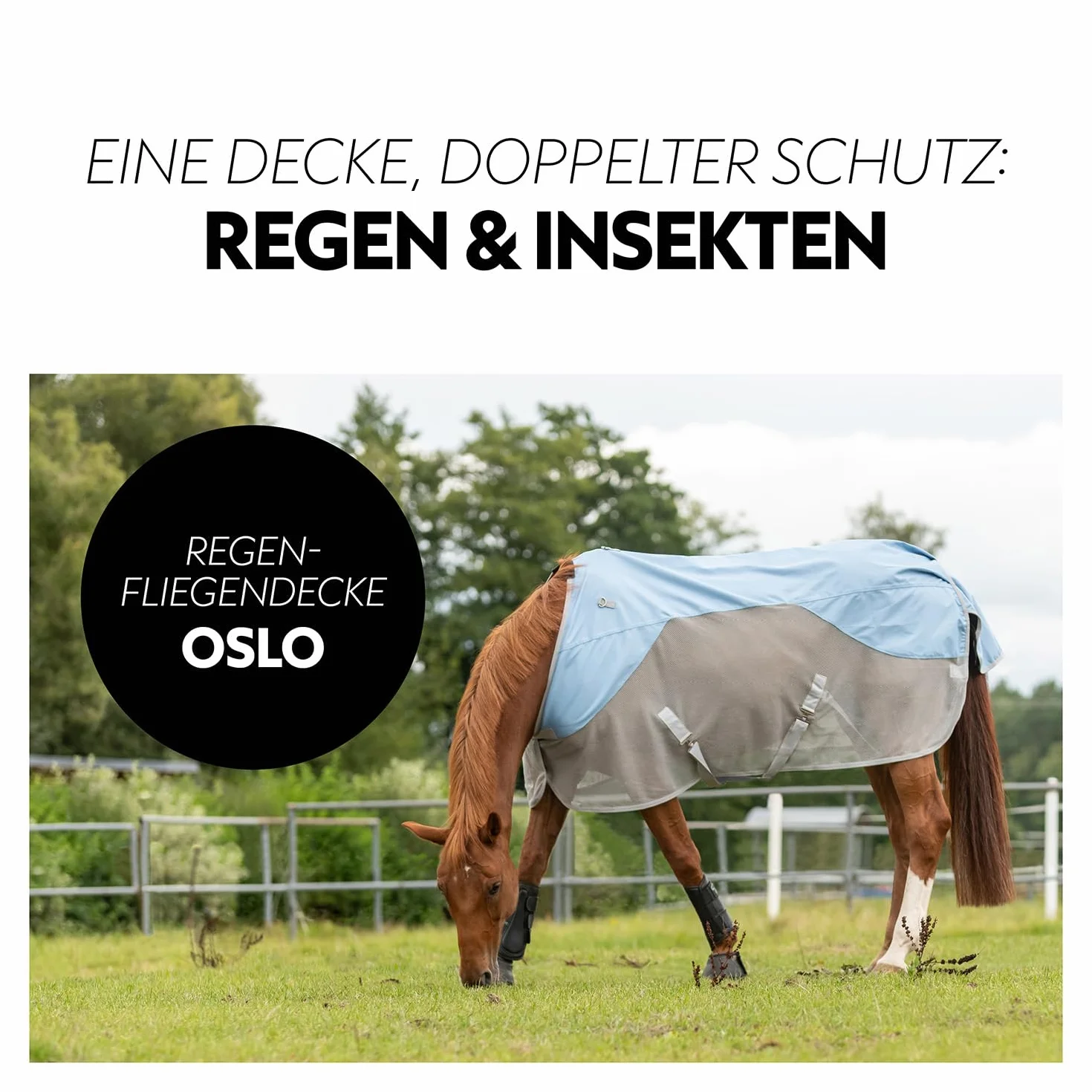 Couverture Pluie Anti-Mouches 0g Cheval Oslo 1200D Couvre-Cou Amovible Imperméable Colonne Eau 3000 mm Bleu Gris 145 cm
