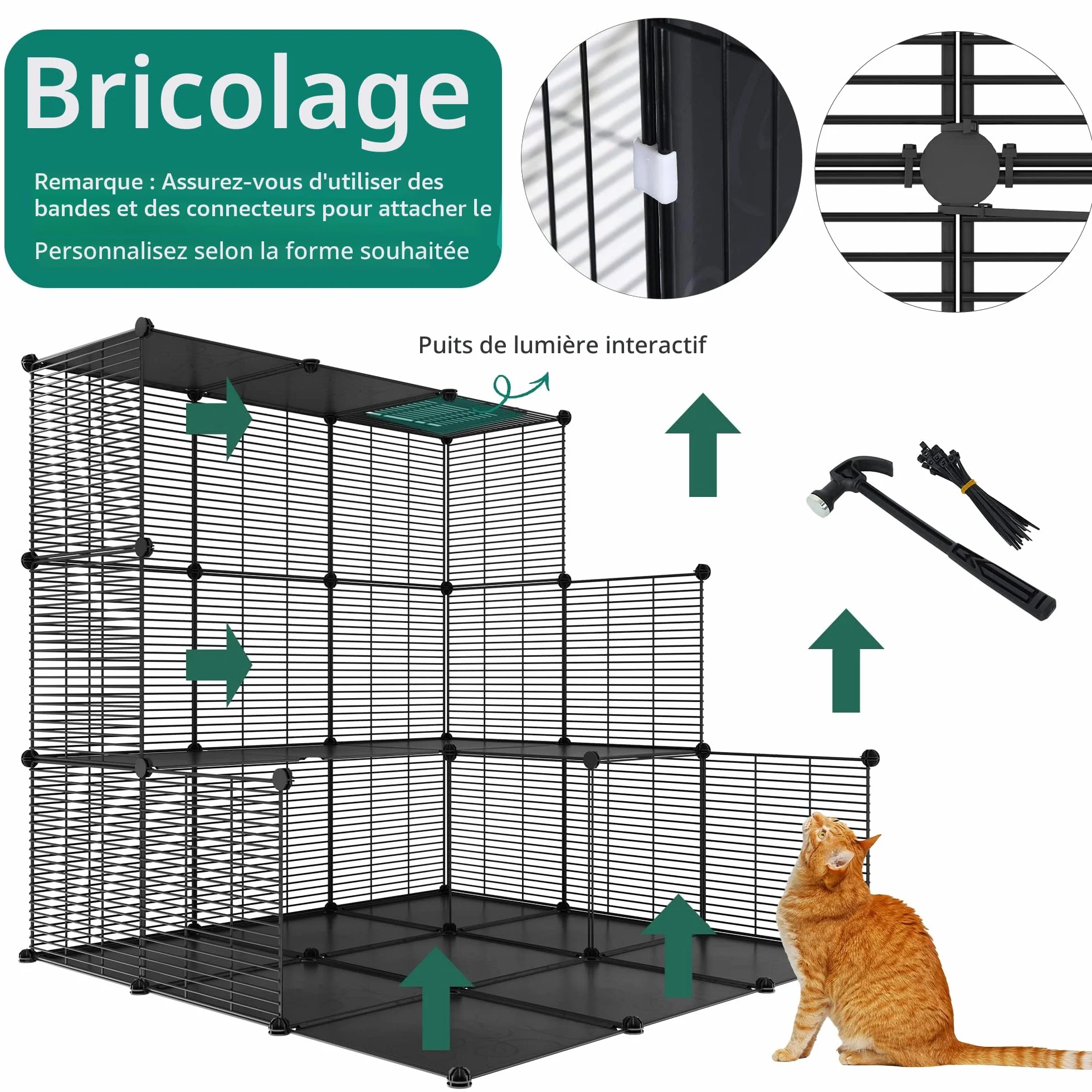 YITAHOME Cage pour Chat Extérieur/Intérieur, Enclos 3 Niveaux avec Hamac Extra Large, Fil Métallique Dense pour 1-2 Chats, Noir