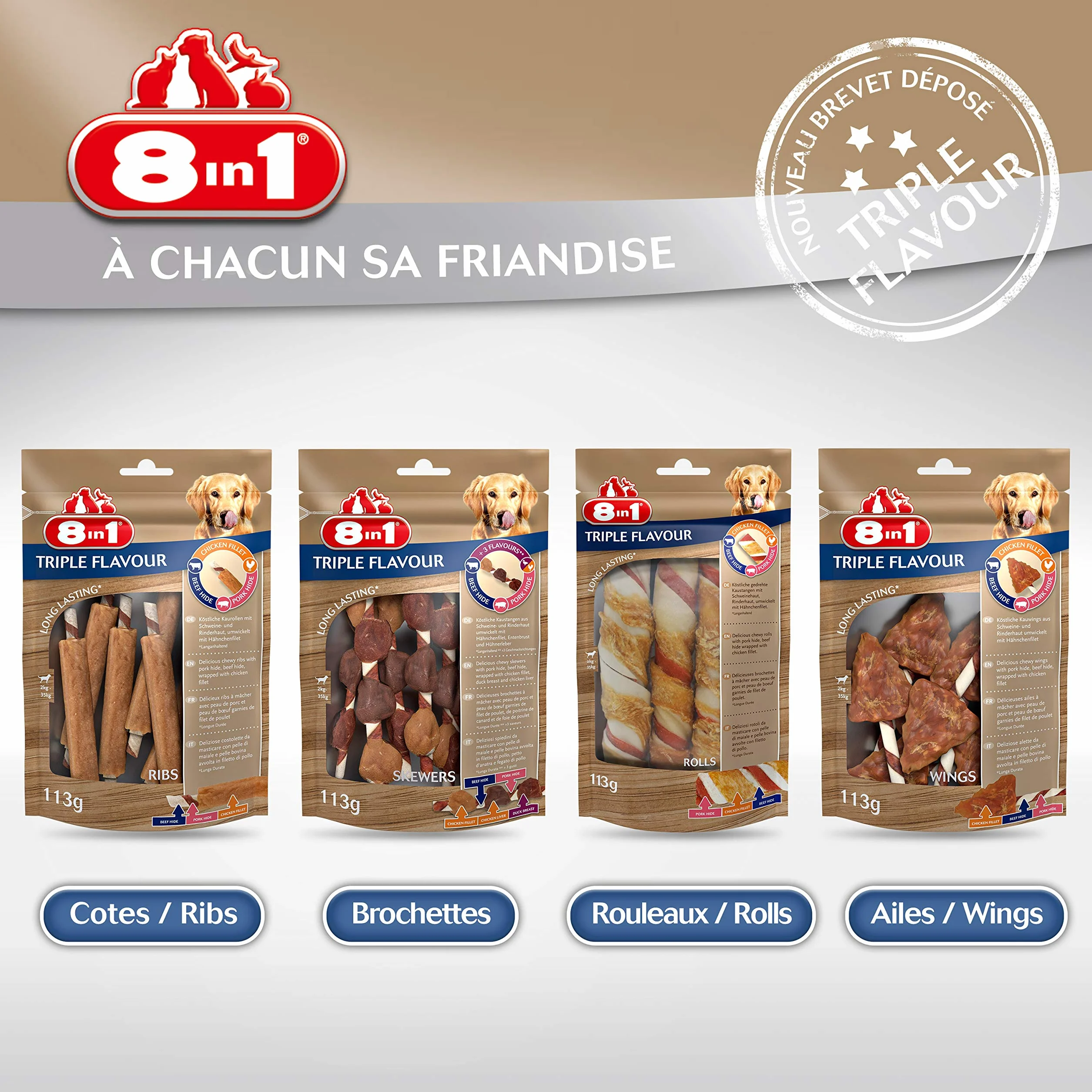 8in1 Triple Flavour Rolls Rouleaux à Mâcher pour Chien adulte Sans OGM