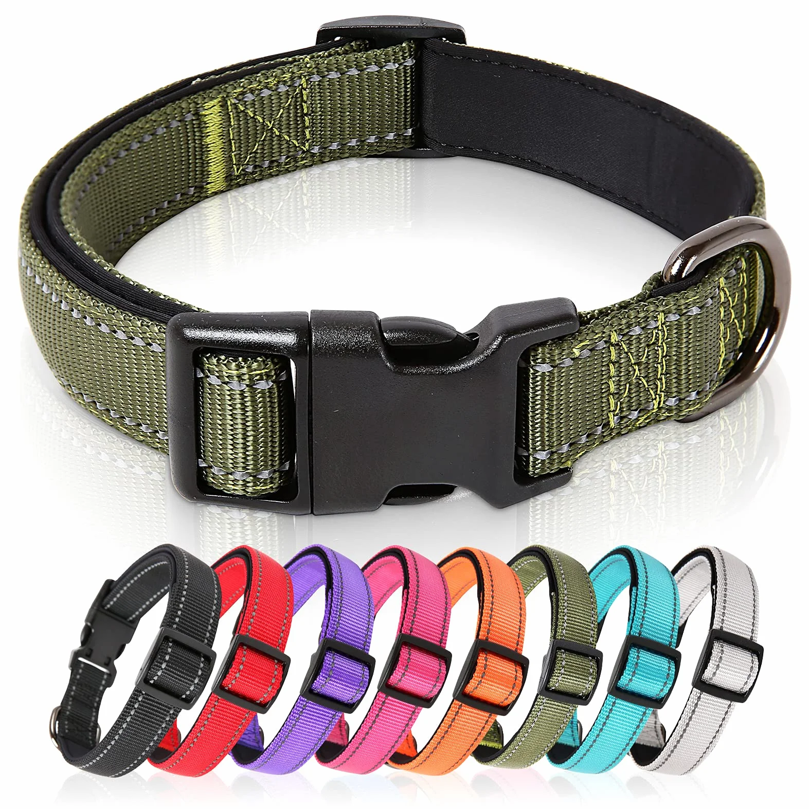 Collier Chien Réfléchissant en Néoprène Doux Rembourré Ajustable Vert L