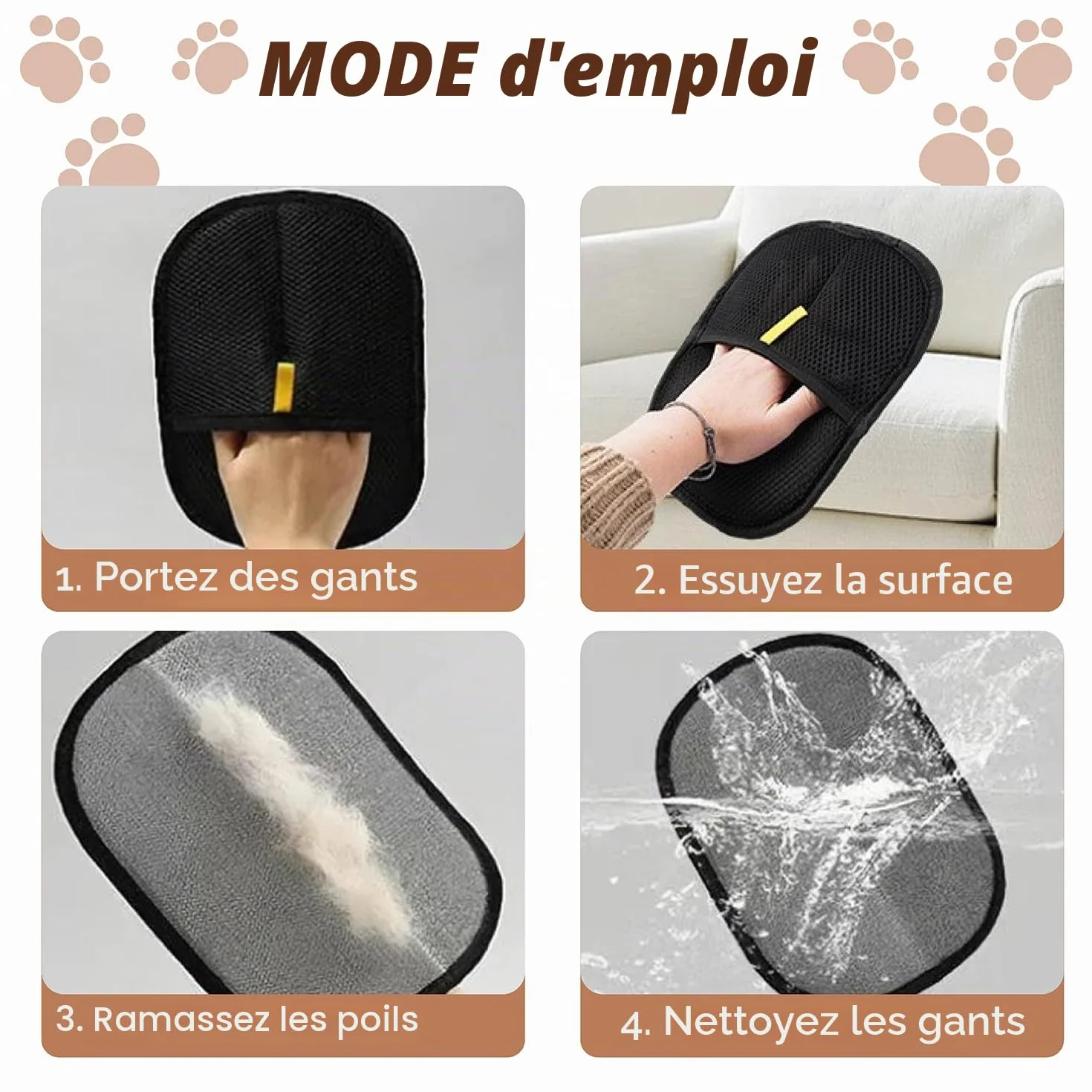Gant Ramasse Poils Animaux Double Face pour Chiens et Chats Brosse Anti Poils
