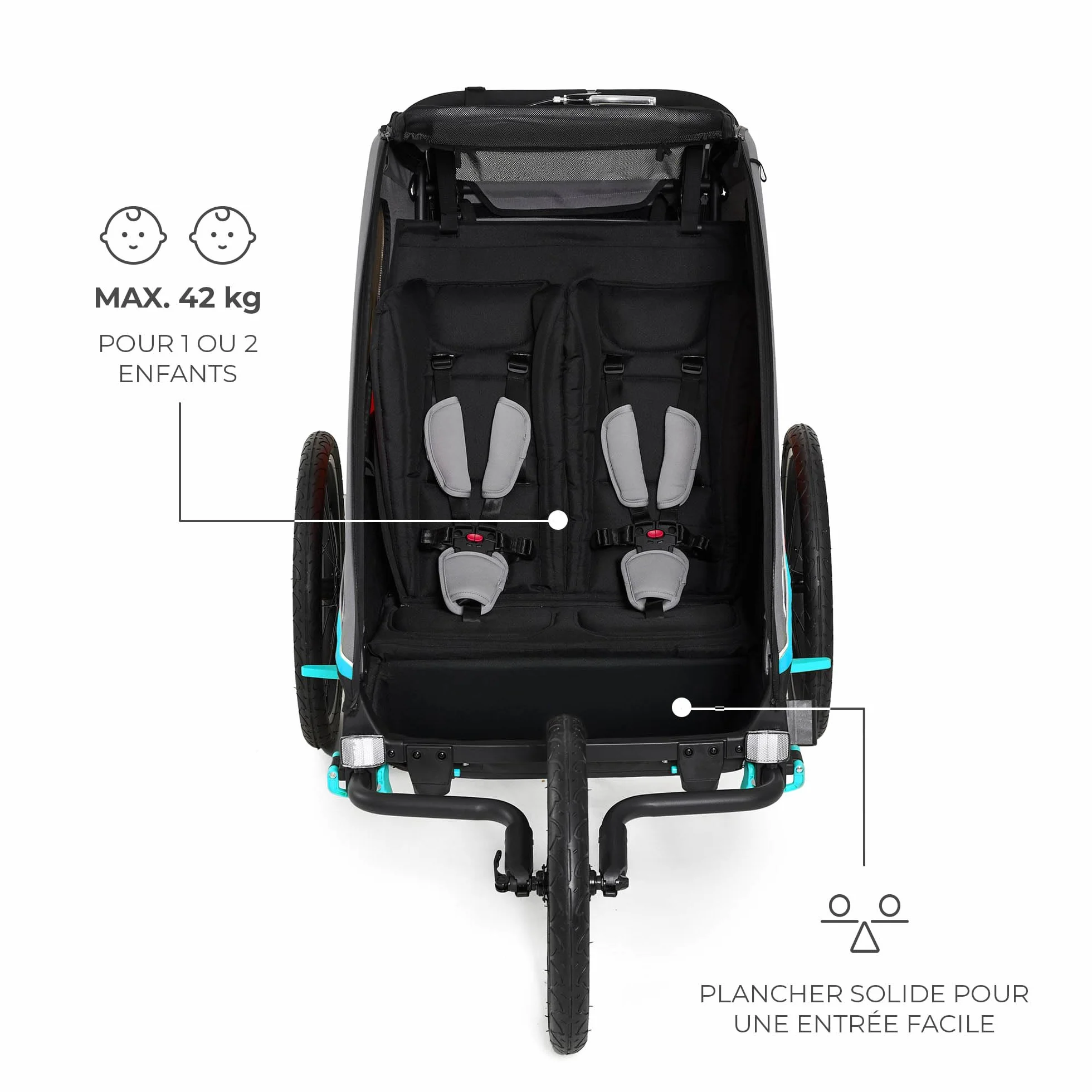 Kinderkraft NAVA 3-en-1 Remorque pour enfants Poussette Jogger Landau Remorque à vélo 2x22kg Protection pluie insectes Bleu