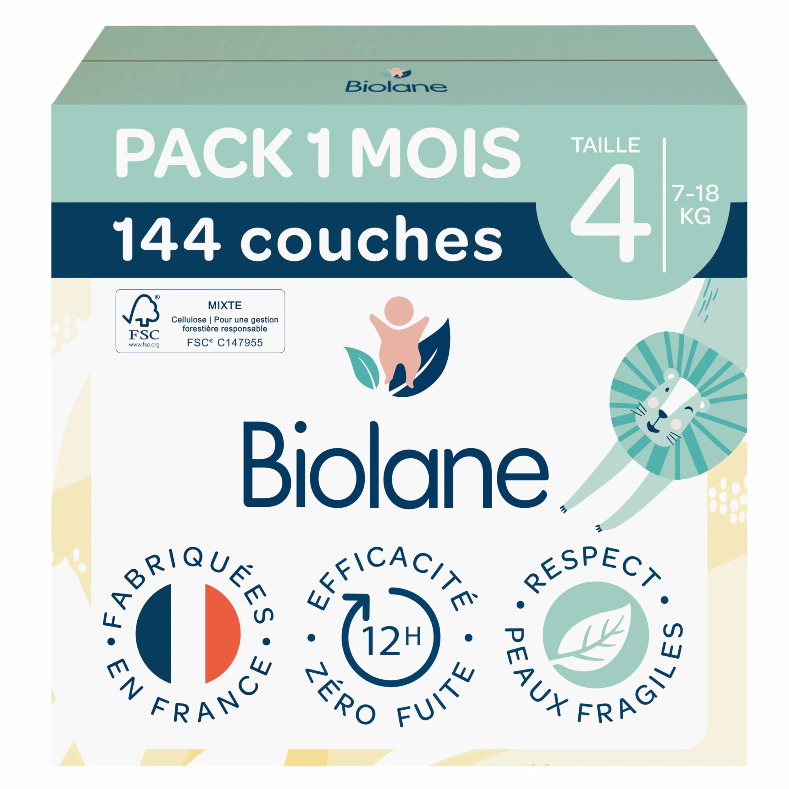 BIOLANE Couches Bébé Taille 4 (7-18 kg) Peaux Sensibles Ultra-Absorbant Pack 144 Couches Fabriqué en France