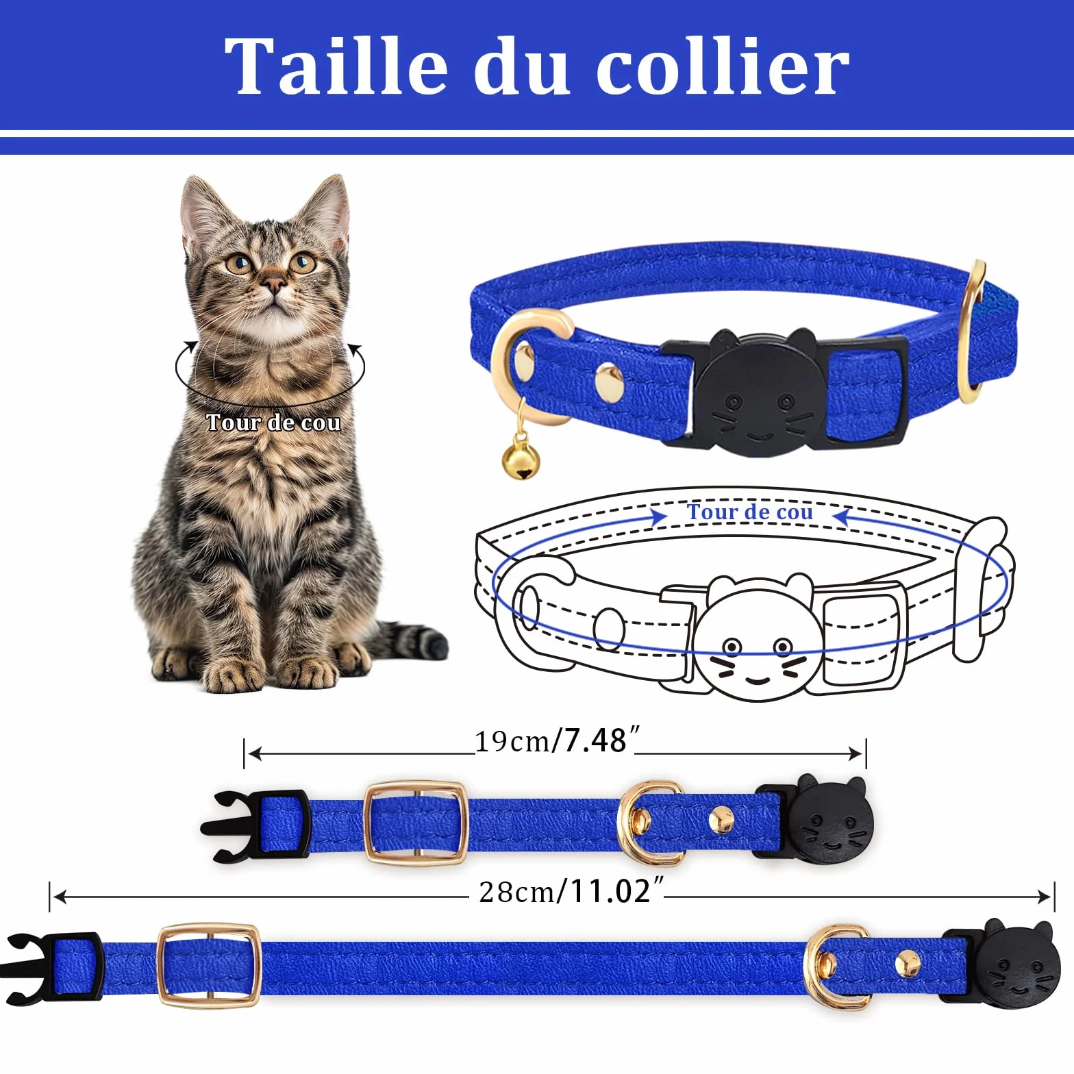 Collier Chat Anti-Étranglement en Cuir d'agneau Boucle Amovible Bleu