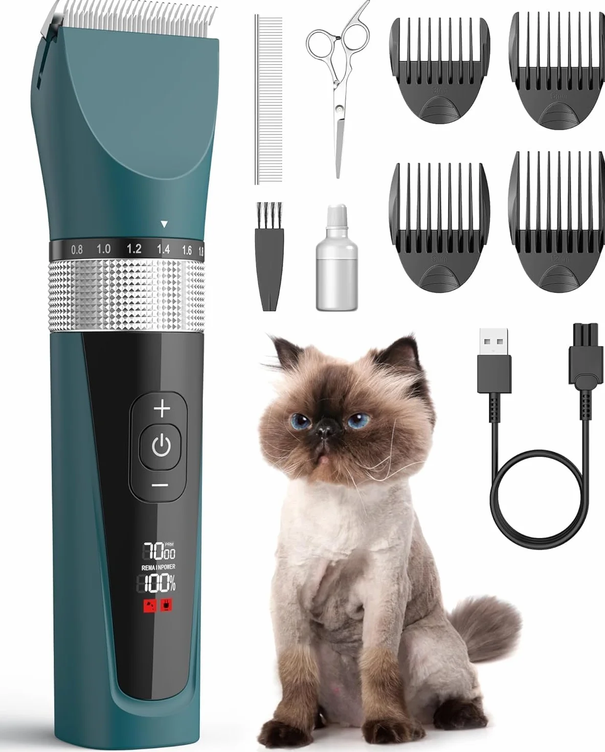Oneisall Tondeuse pour Chat Silencieuse, Professionnelle à Poils Longs, Rasoir 5 Vitesses avec Écran LCD, IPX6, Vert