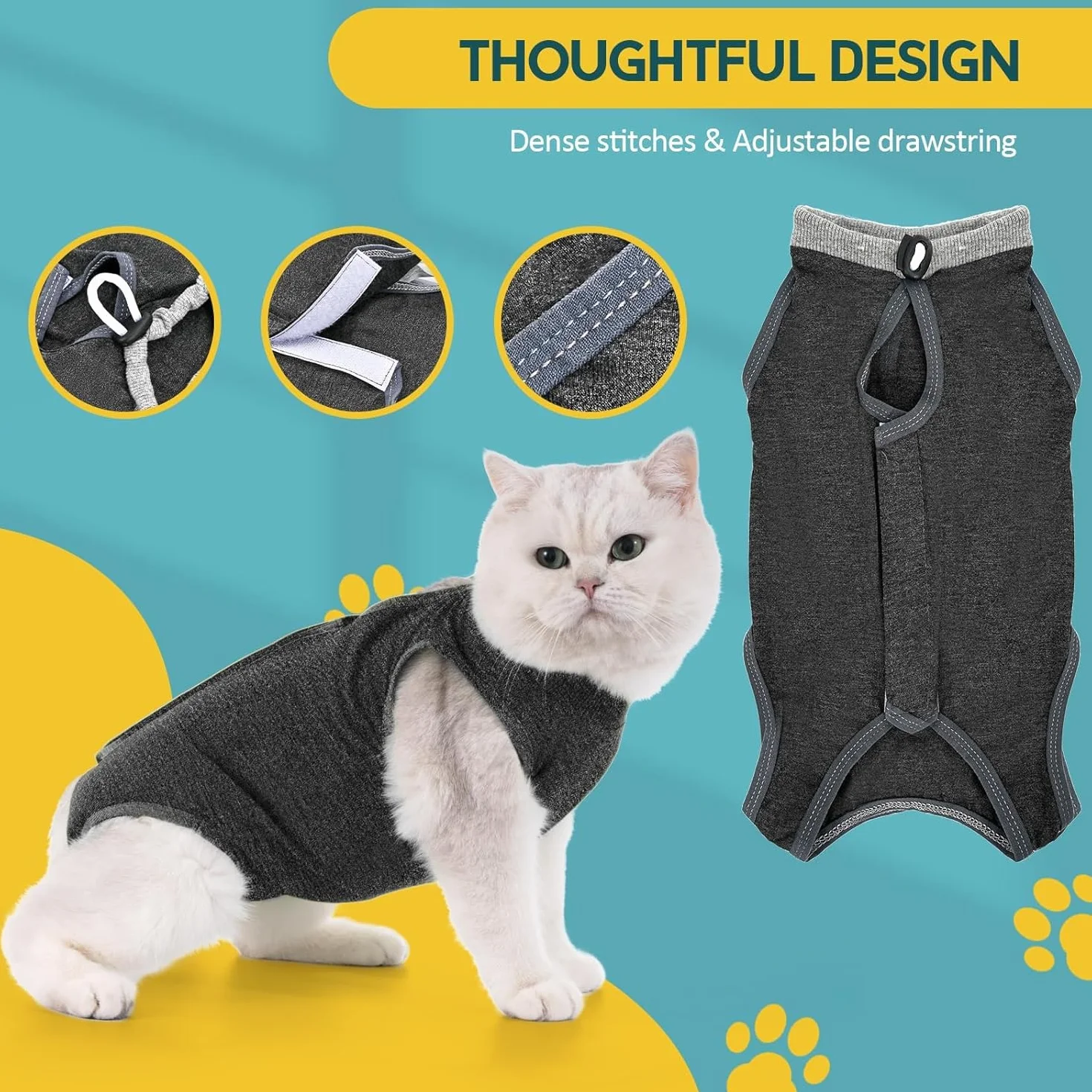 Combinaison de Récupération pour Chat Anti Léchage Avont, Post Opératoire Stérilisation, Protection Post-Chirurgie, Gris (M)