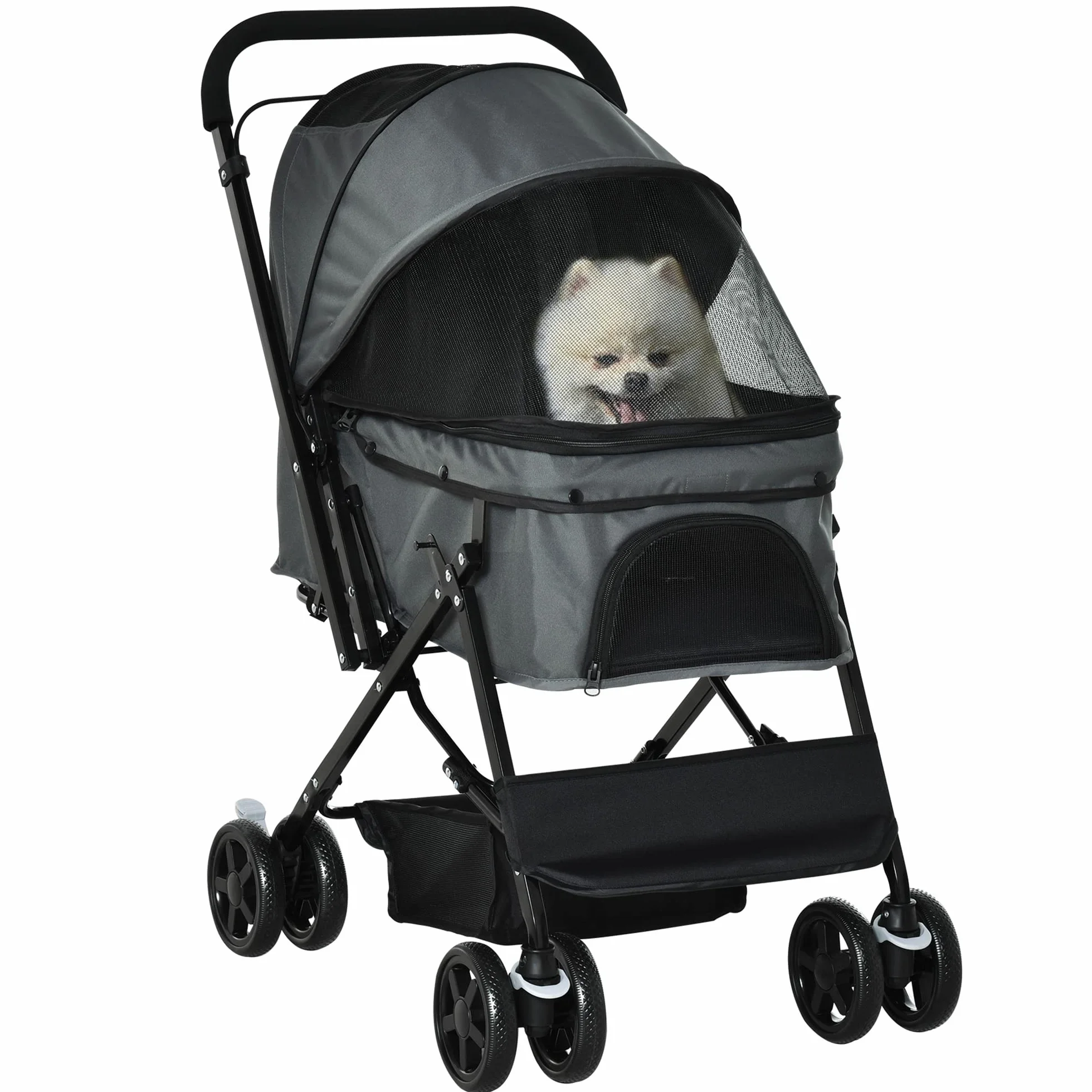 PawHut Poussette pour chien animaux de compagnie pliable avec 4 roues EVA guidon réglable panier et pochette de rangement - 76,5 x 52 x 95 cm gris