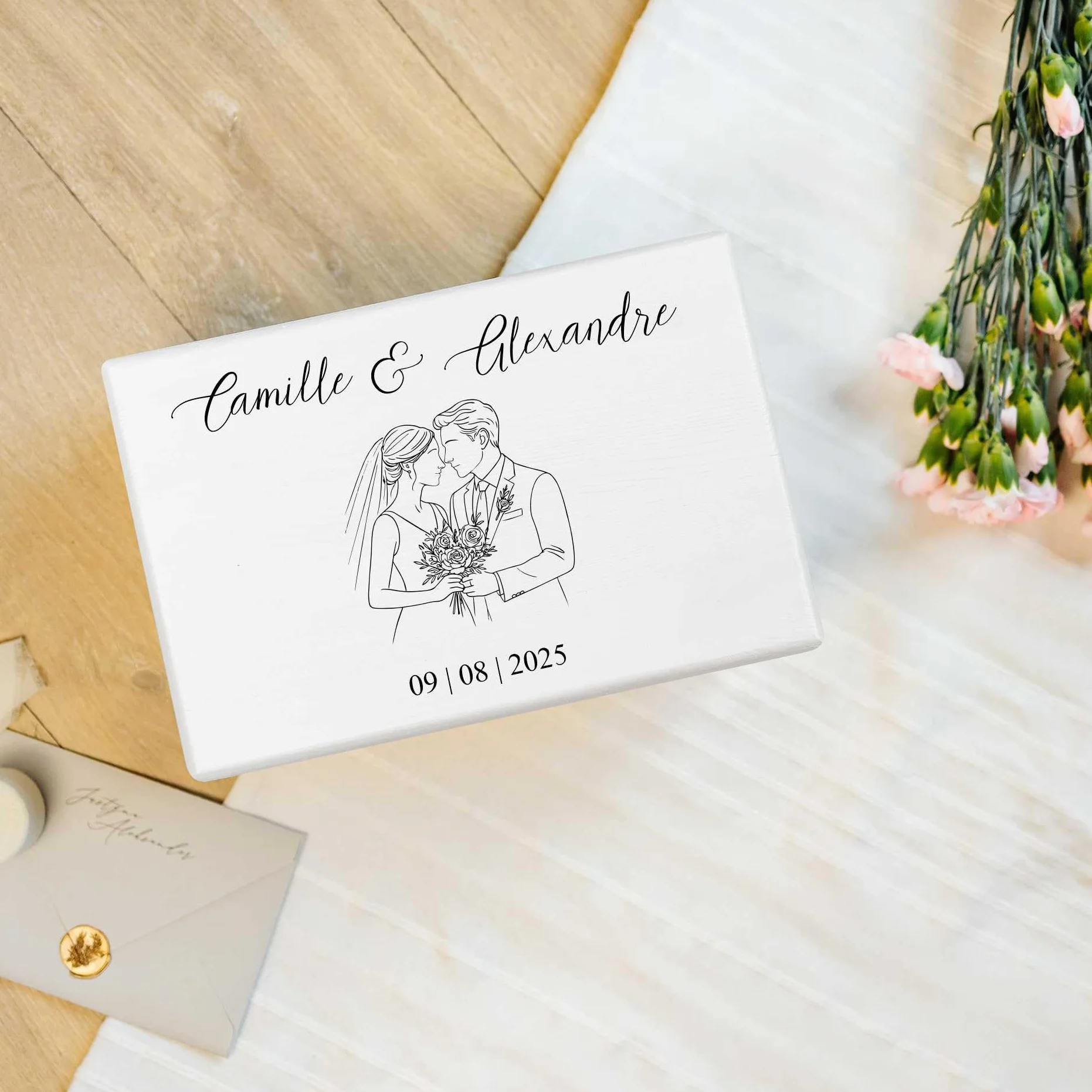 Creative Deco Boîte à Souvenirs de Mariage Personnalisé Blanc Couple Coffret Cadeaux Personnalisable Jeunes Mariés Boîte en Bois