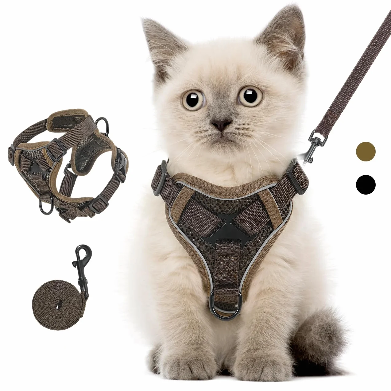 VavoPaw Harnais et Laisse Anti-évasion pour Chat, Ajustable avec Bande Réfléchissante, Filet Respirant, Taille S, Café