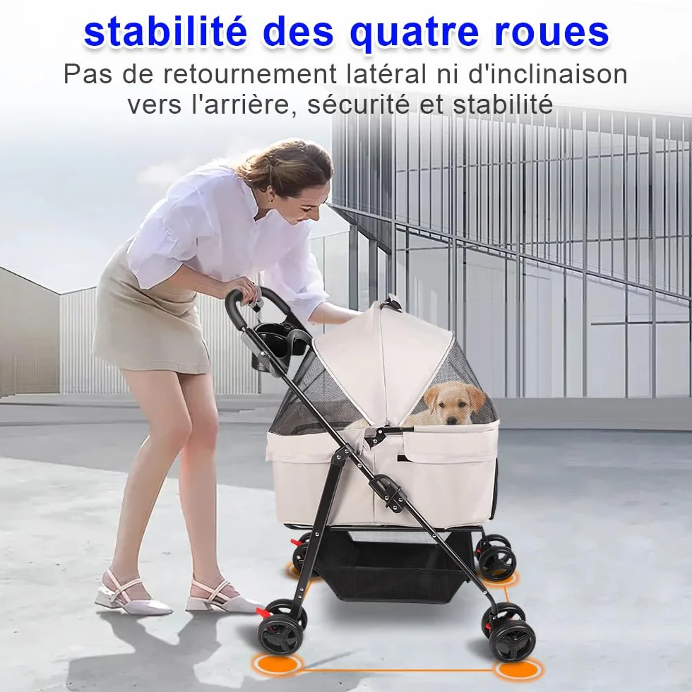 Poussette pour chien chat 3 en 1 nacelle amovible caisse transport pliable tissu 600D Oxford roues 360° fenêtre filet