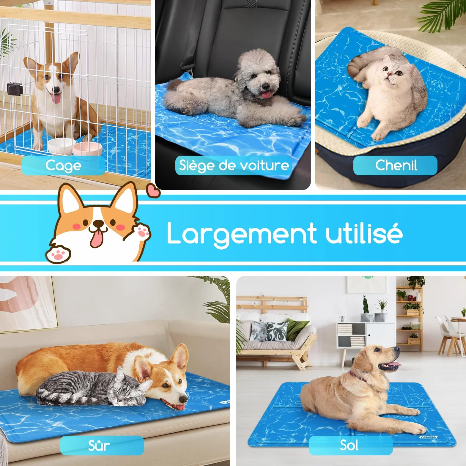Nobleza Tapis de Refroidissement pour Chiens 65x50cm Bleu Auto-refroidissant Gel Non-Toxique