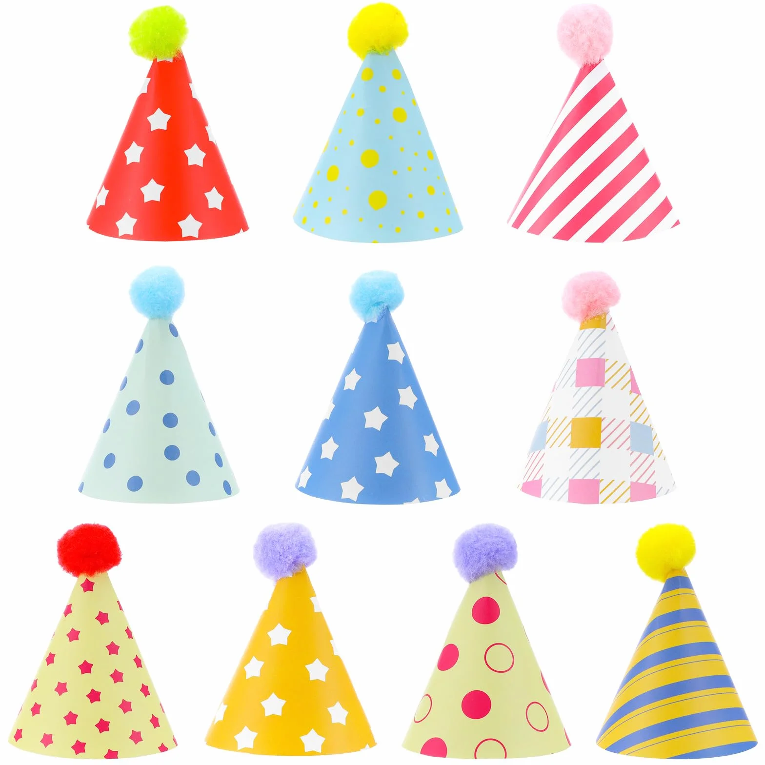 Lot de 10 mini chapeaux de fête colorés pour chien mignon avec pompons pour chatons, lapins, chiens et animaux en peluche, chapeau conique réglable pour anniversaires et célébrations