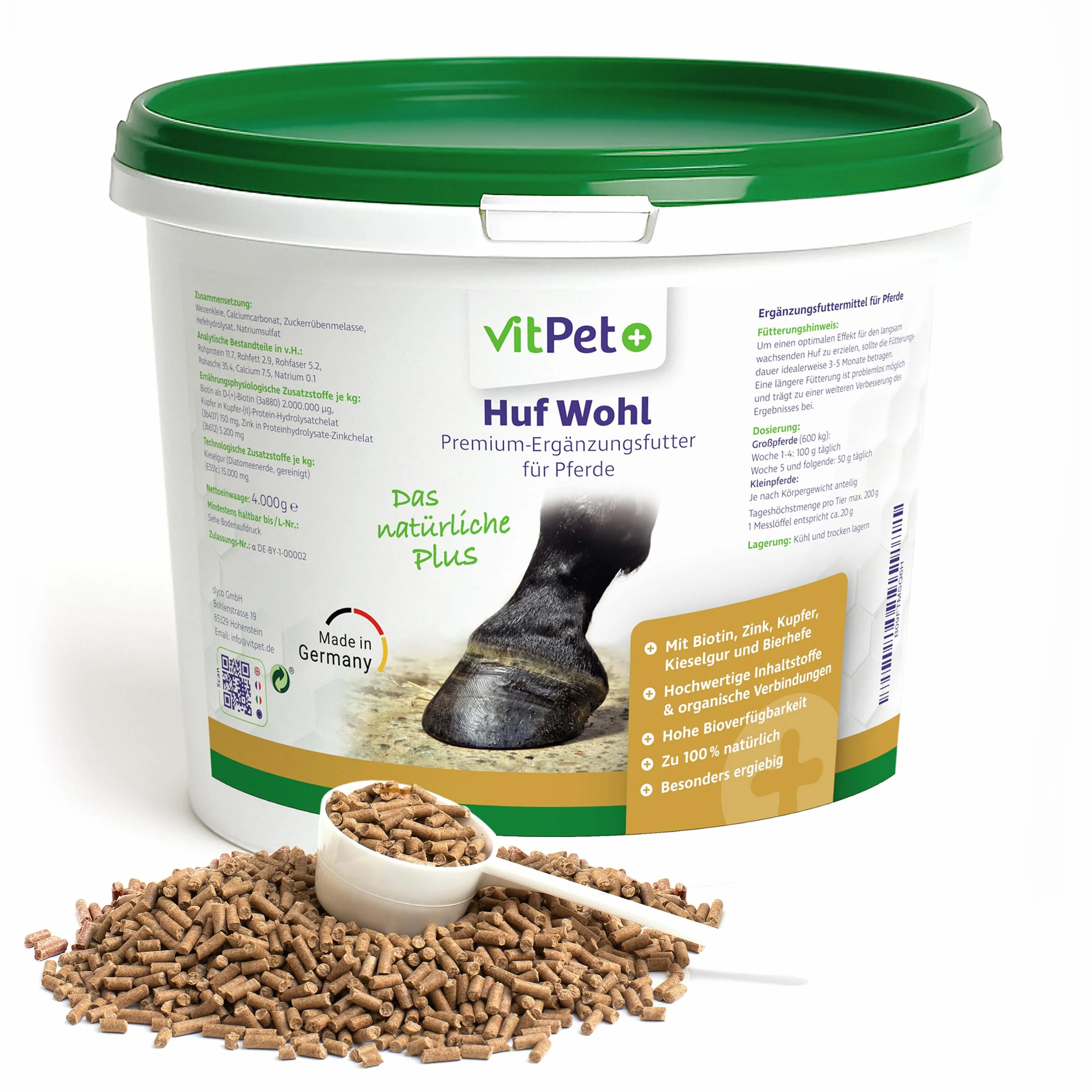 Huf Wohl Aliment minéral chevaux biotine zinc terre de diatomée levure de bière 4 kg croissance sabots