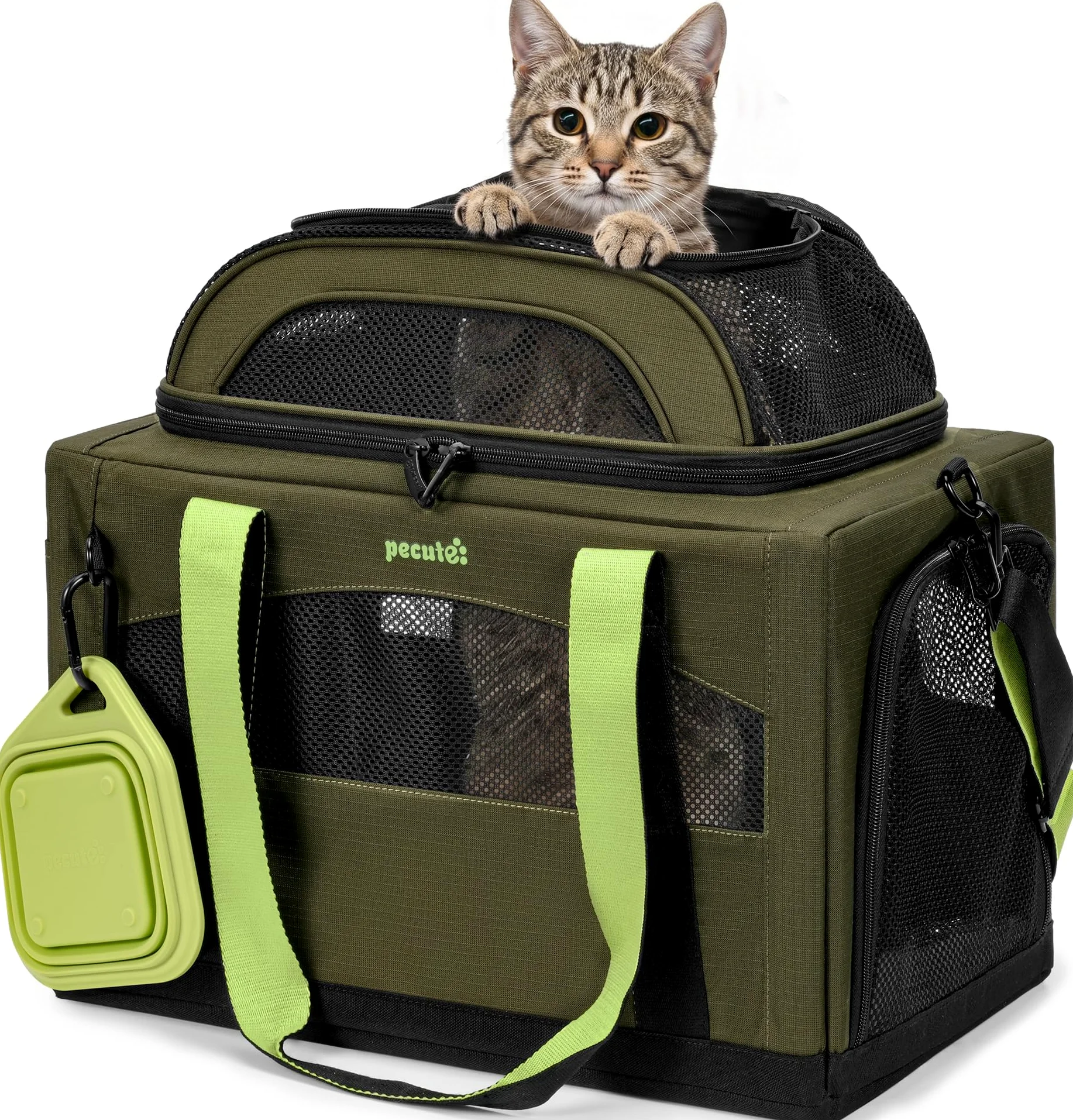 Pecute Caisse de Transport Chat et Chien Extensible, Pliable - Vert Armée | Extension Supérieure • Pliable & Respirant • Cadre Indéformable • Voyage & Vétérinaire • Pour Chats & Chiens