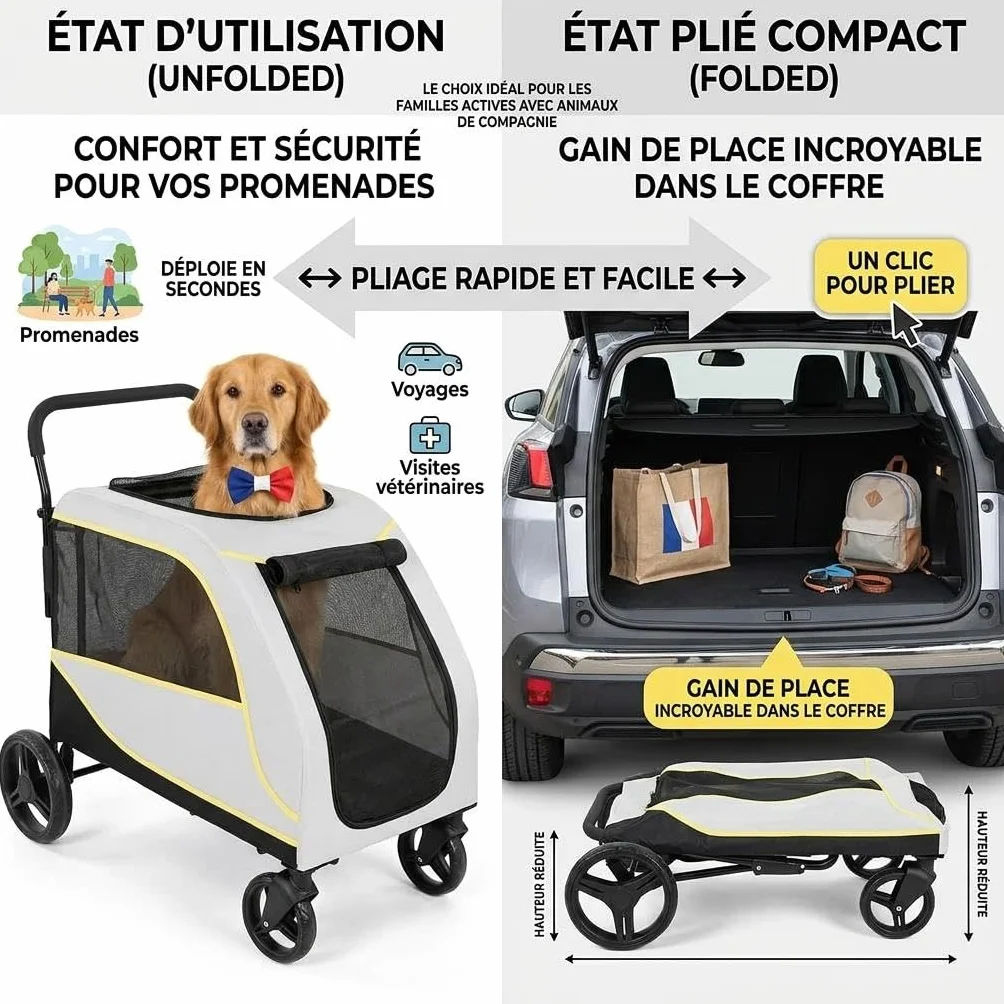 Poussette pour Chien Chat, Charge 60 kg, Chariot de Transport Pliable 4 Roues avec Double Frein, Laisse de Sécurité, Portes Avant et Arrière pour Accès Facile, Coussin et Poches, Résistant