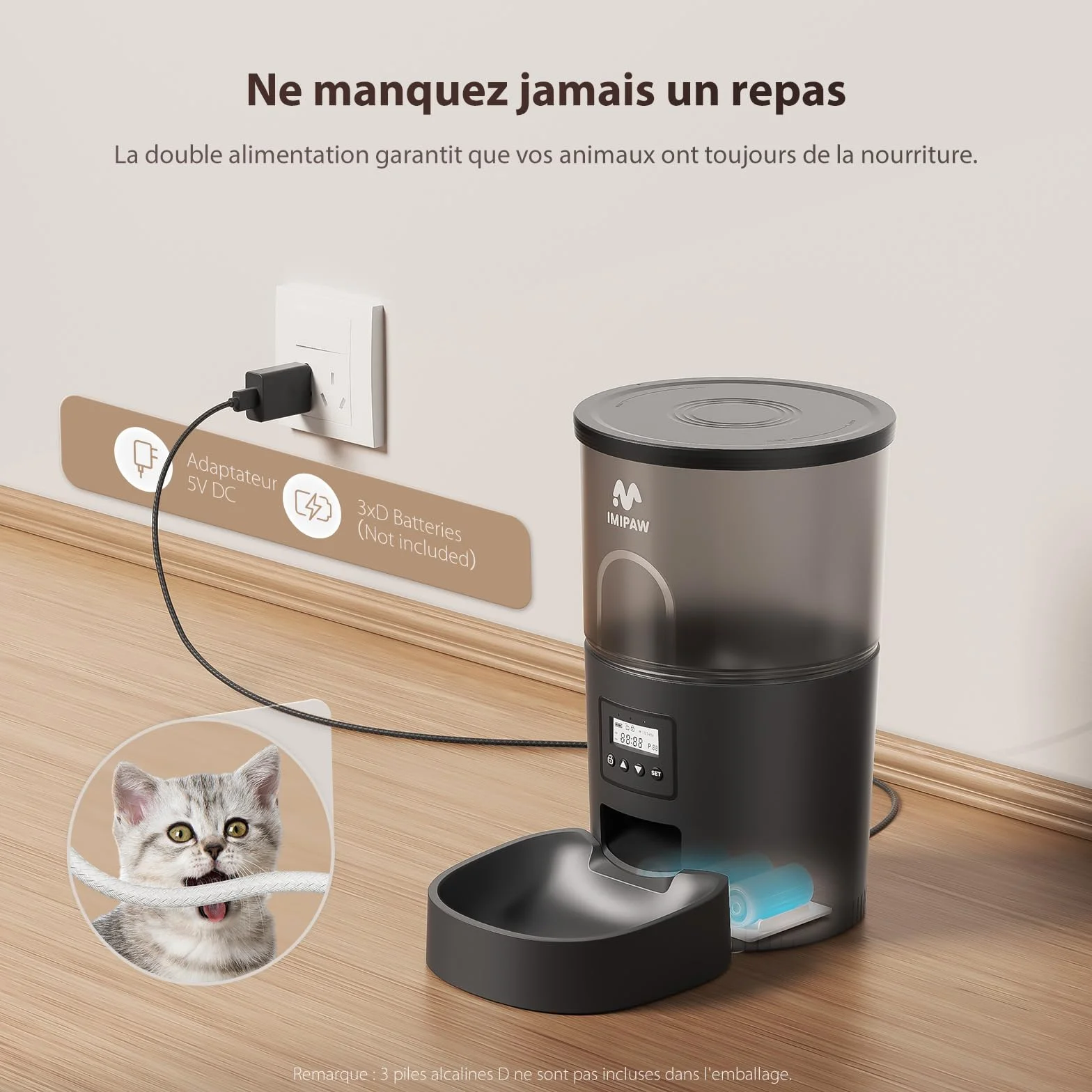 IMIPAW Distributeur Croquettes Chat Automatique Fontaine à Eau Programmable 1-6 Repas Filtre Noir