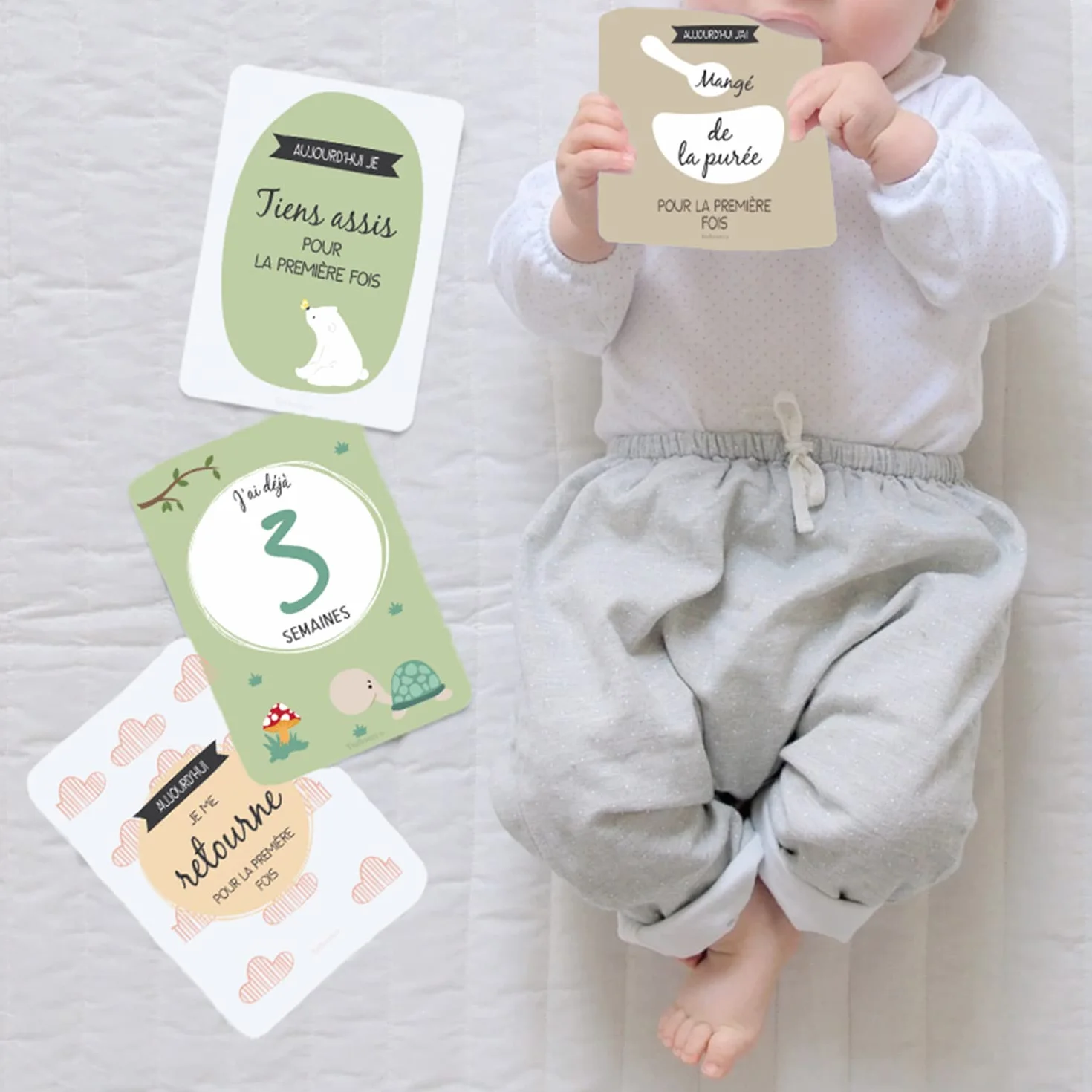 Coffret Carte Etape Bebe Francais Dolbomy - Lot de 25 Cartes Etapes Naissance 1 an - Cadeau Personnalisable Fille Garcon