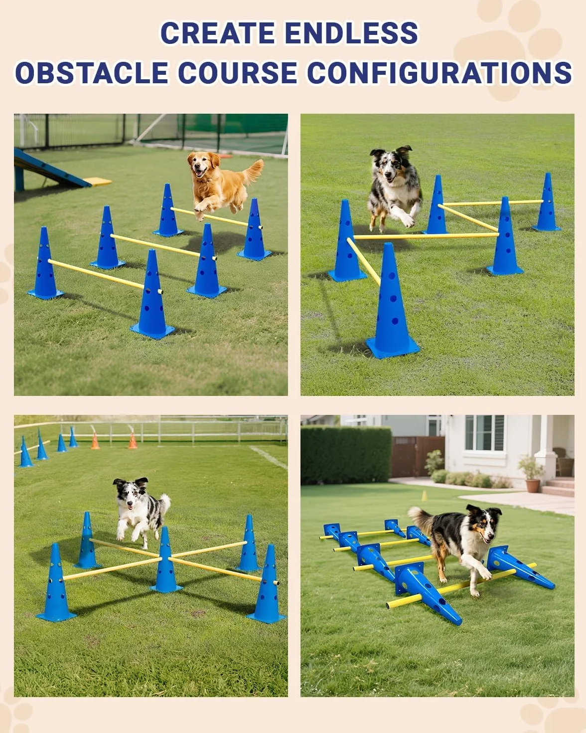 Kit de dressage pour chien Cavaletti Agility - 23 cm hauteur - 10 cônes et 5 barres - Sac en filet