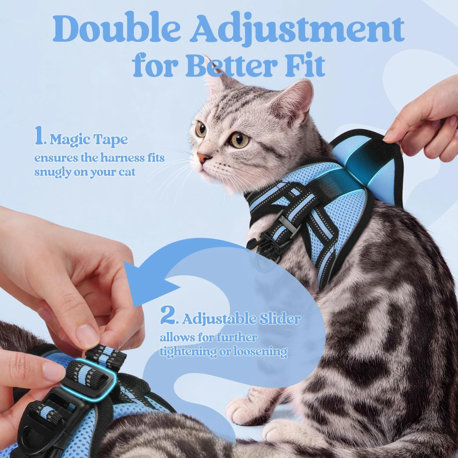 Rabbitgoo Harnais Chat avec Laisse, Gilet Réglable Respirant Bande Réfléchissante pour Persan Ragdoll American Shorthair Bleu Clair