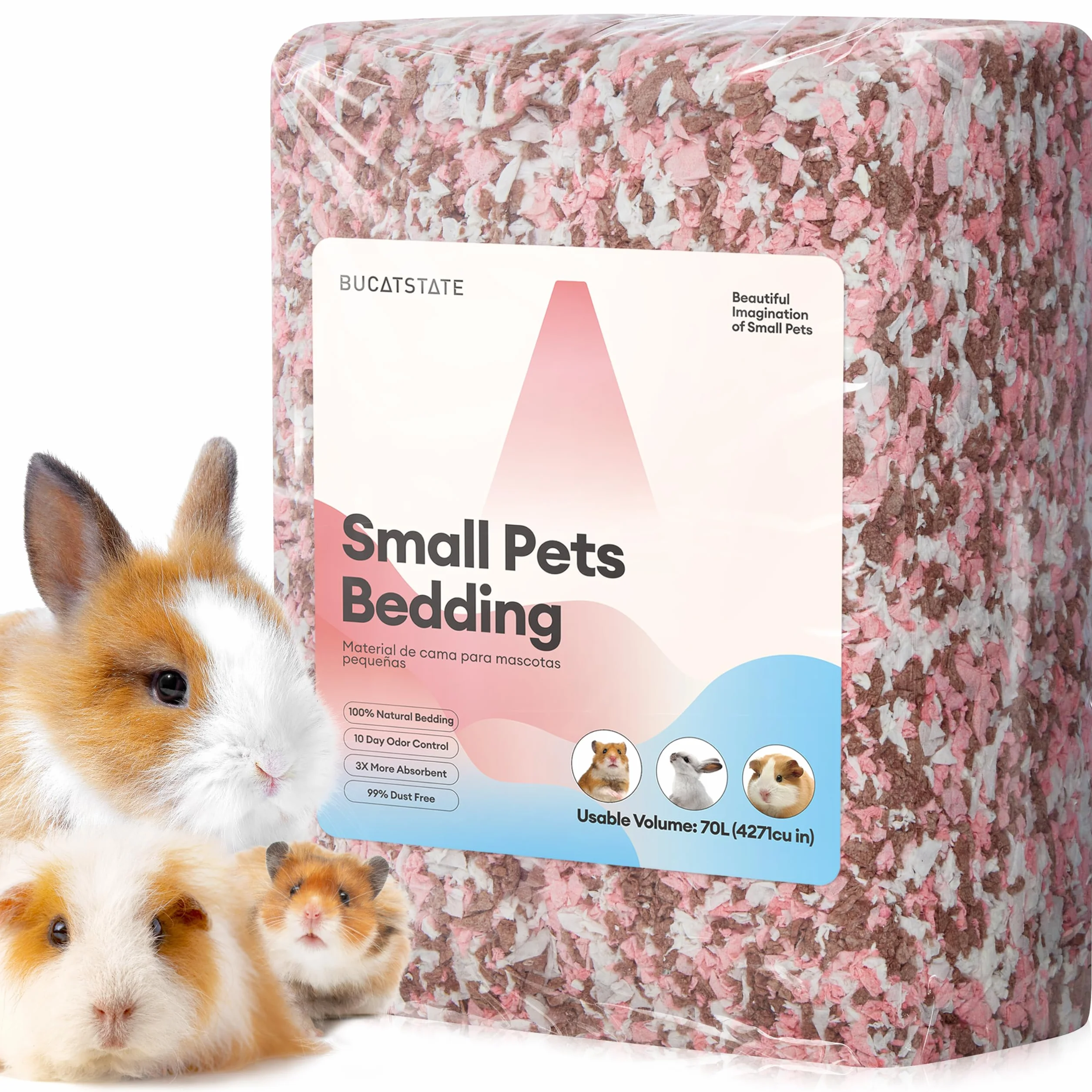 BUCATSTATE Litières pour Hamsters 70L, Super Absorbante & 99,9% sans Petit Animal Papier Poussière pour Souris, Rats, Rongeurs, Cochon d'Inde, Chinchilla