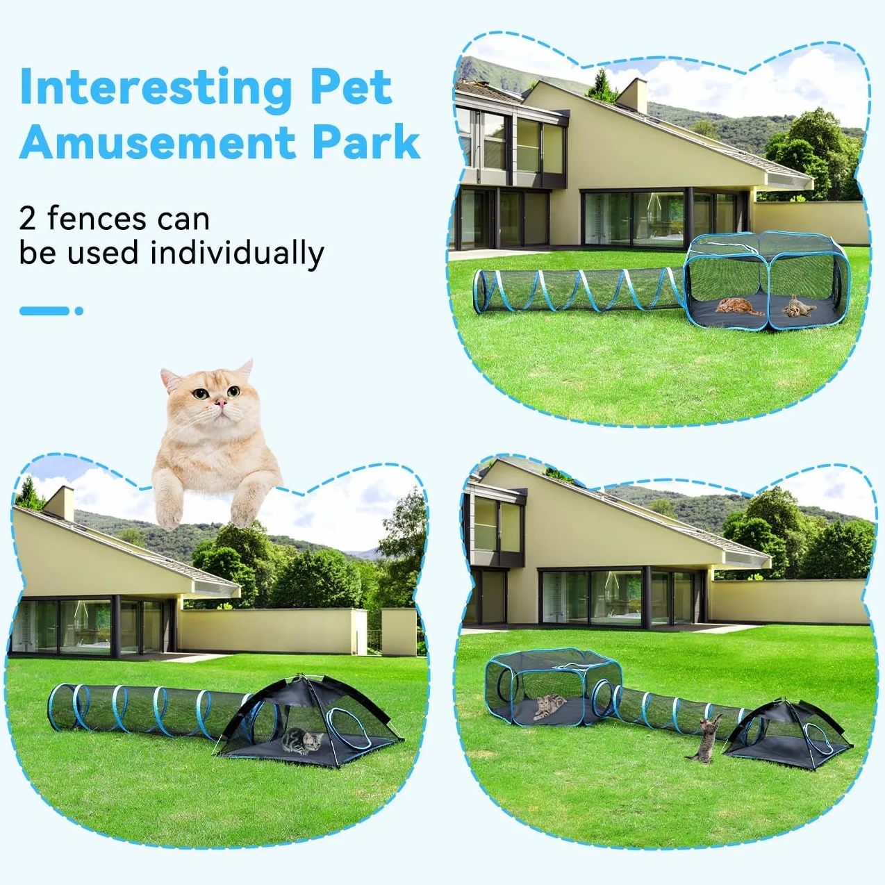 Pawaboo Parc pour Chats 3 en 1 Enclos Portable Pliable Bleu Clair Noir