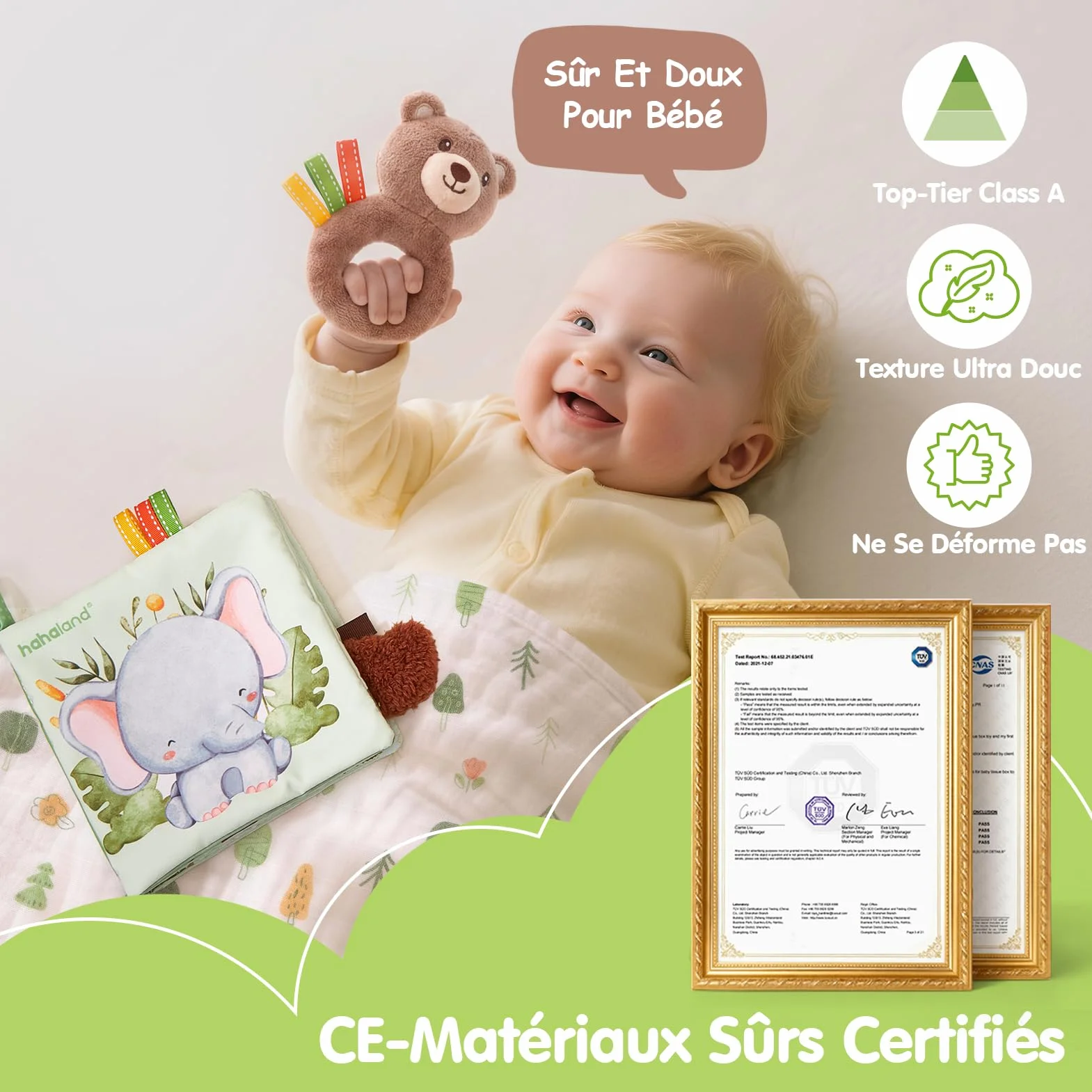 Coffret Naissance Bébé Fille et Garçon, Cadeau Nouveau-né avec Couverture d’Emmaillotage, Hochets et Livre d’Éveil Sensoriel, 0–12 Mois