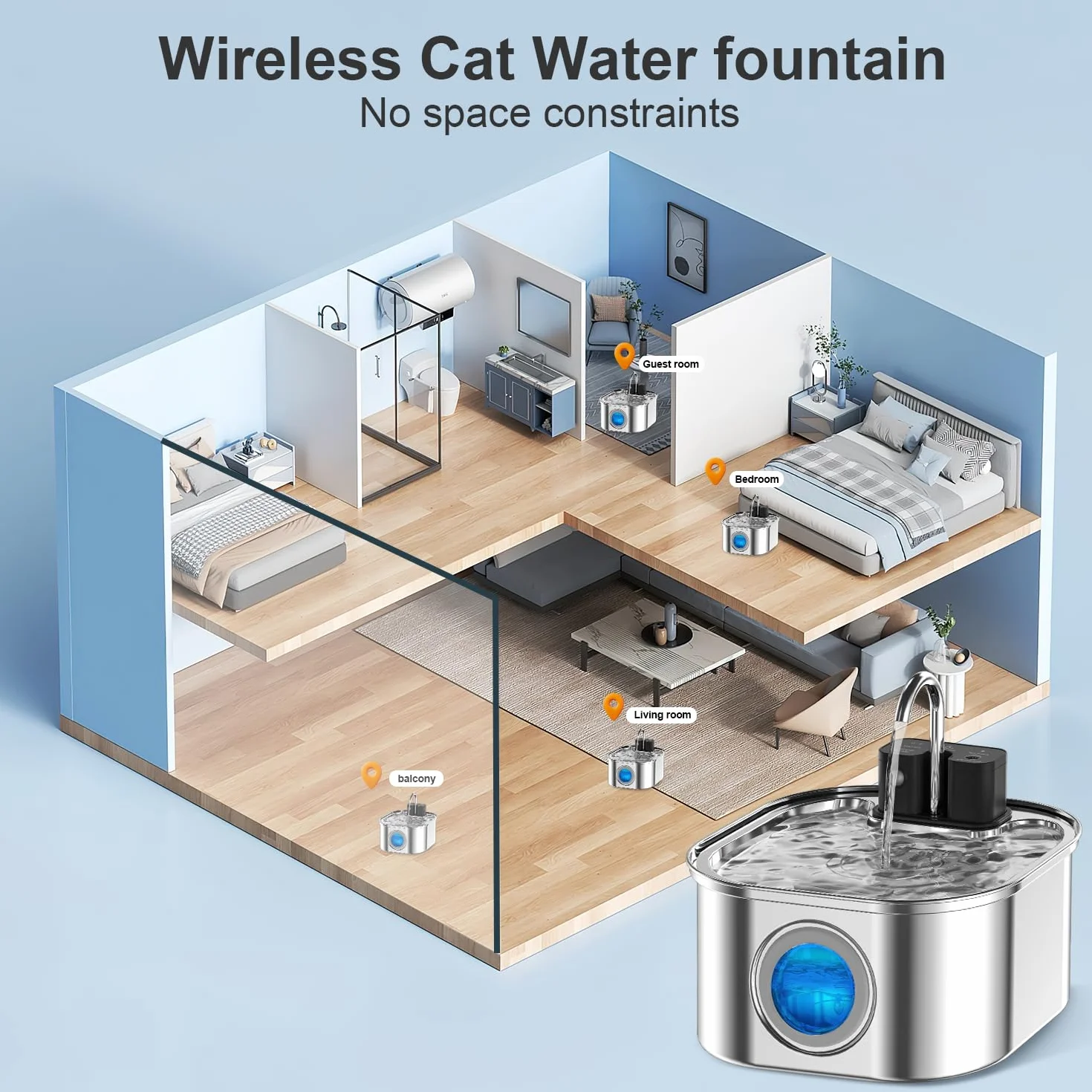 Fontaine à Eau pour Chat sans Fil 3.2L Acier Inoxydable avec Détecteur de Mouvement Batterie 4000 mAh Pompe Silencieuse Filtre Charbon Actif