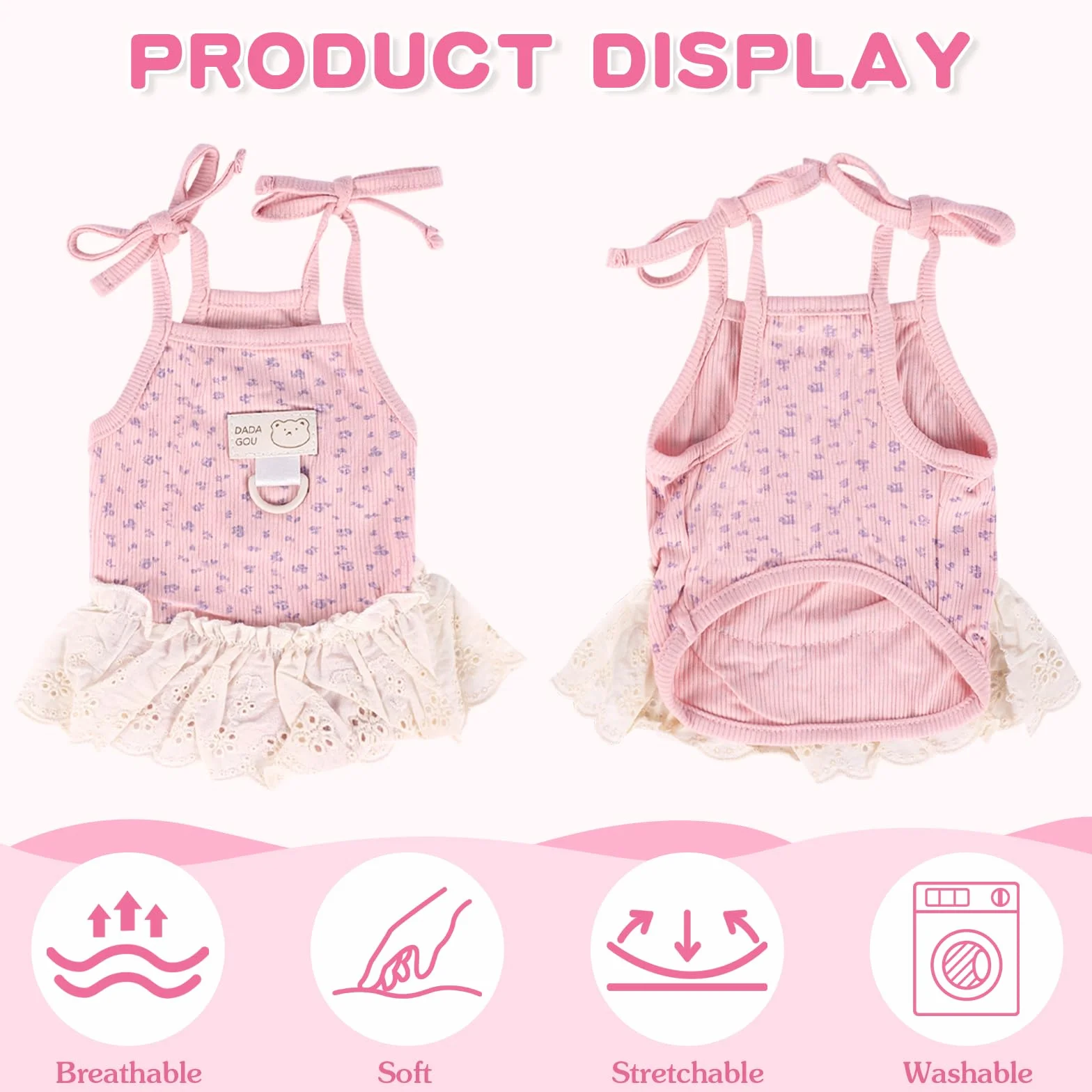 Robe d'été pour chien et chat petite et moyenne taille sans manches avec anneau en D rose XL (4,2 à 6 kg)