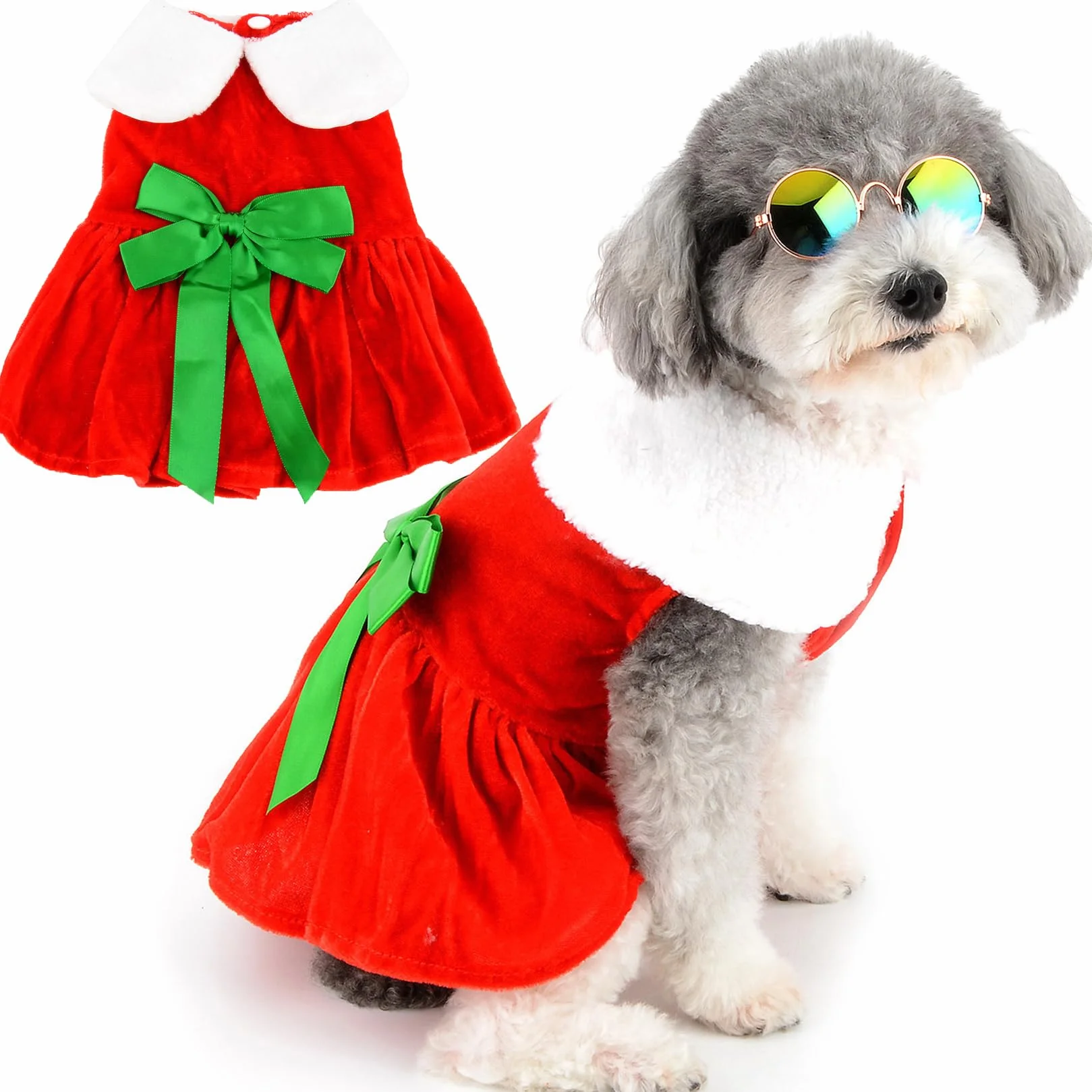 Robe de Noël en Velours pour Petit Chien avec Nœud Papillon Jupe Chiot Tenue d'Hiver Costume Chihuahua Yorkshire
