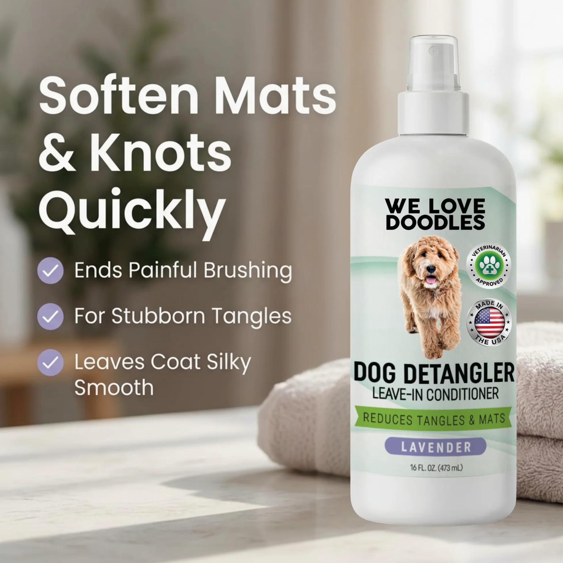 We Love Doodles Grande brosse démêlante pour chien - Lavande - Brosse pour chiens à poils longs, dorés, démêlant et après-shampoing sans rinçage pour chiens, 473,6 g