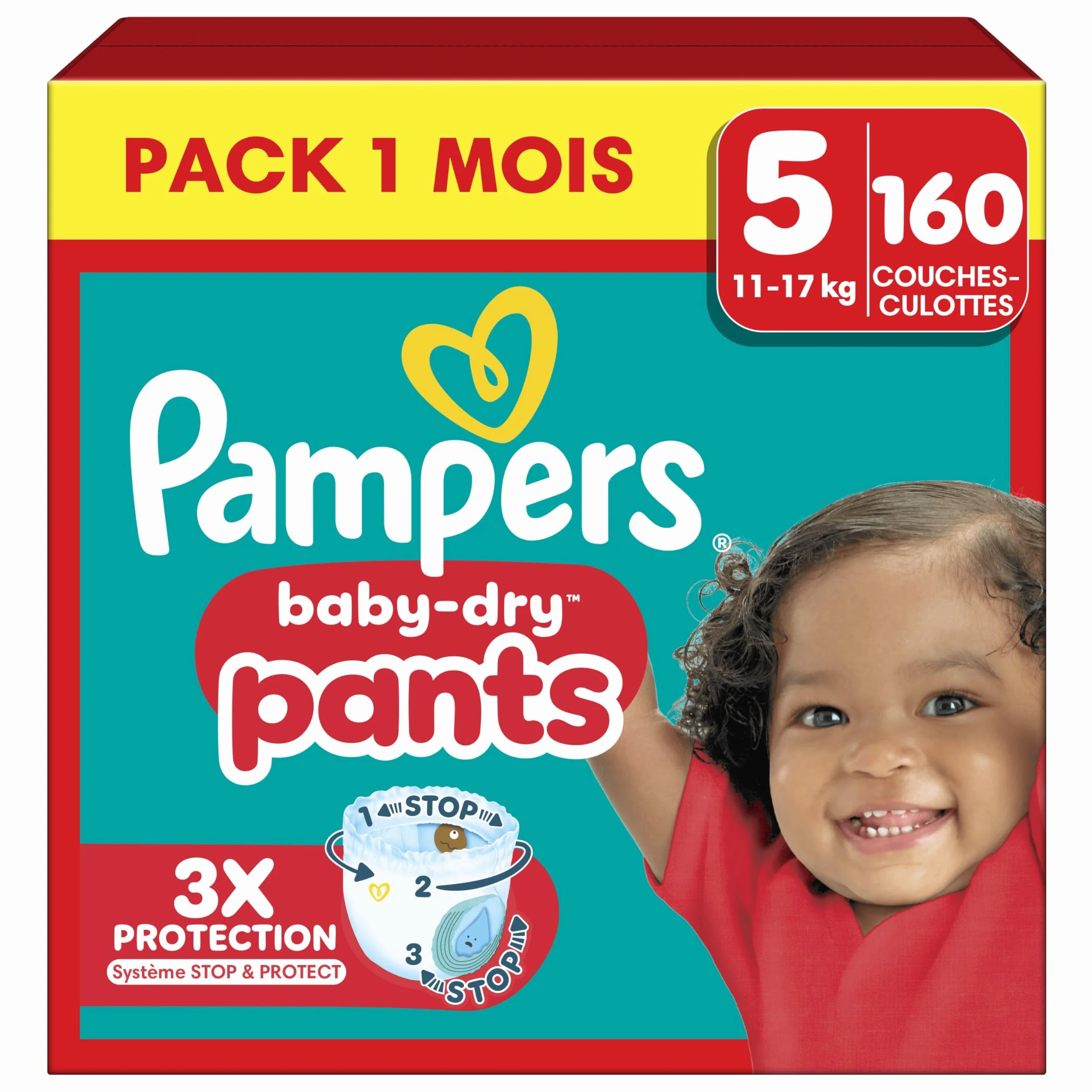 Pampers Baby-Dry Pants Taille 5 160 Couches-Culottes 12-17kg Maintien 360° Stop & Protect Nuit Sans Fuites Pack 1 Mois
