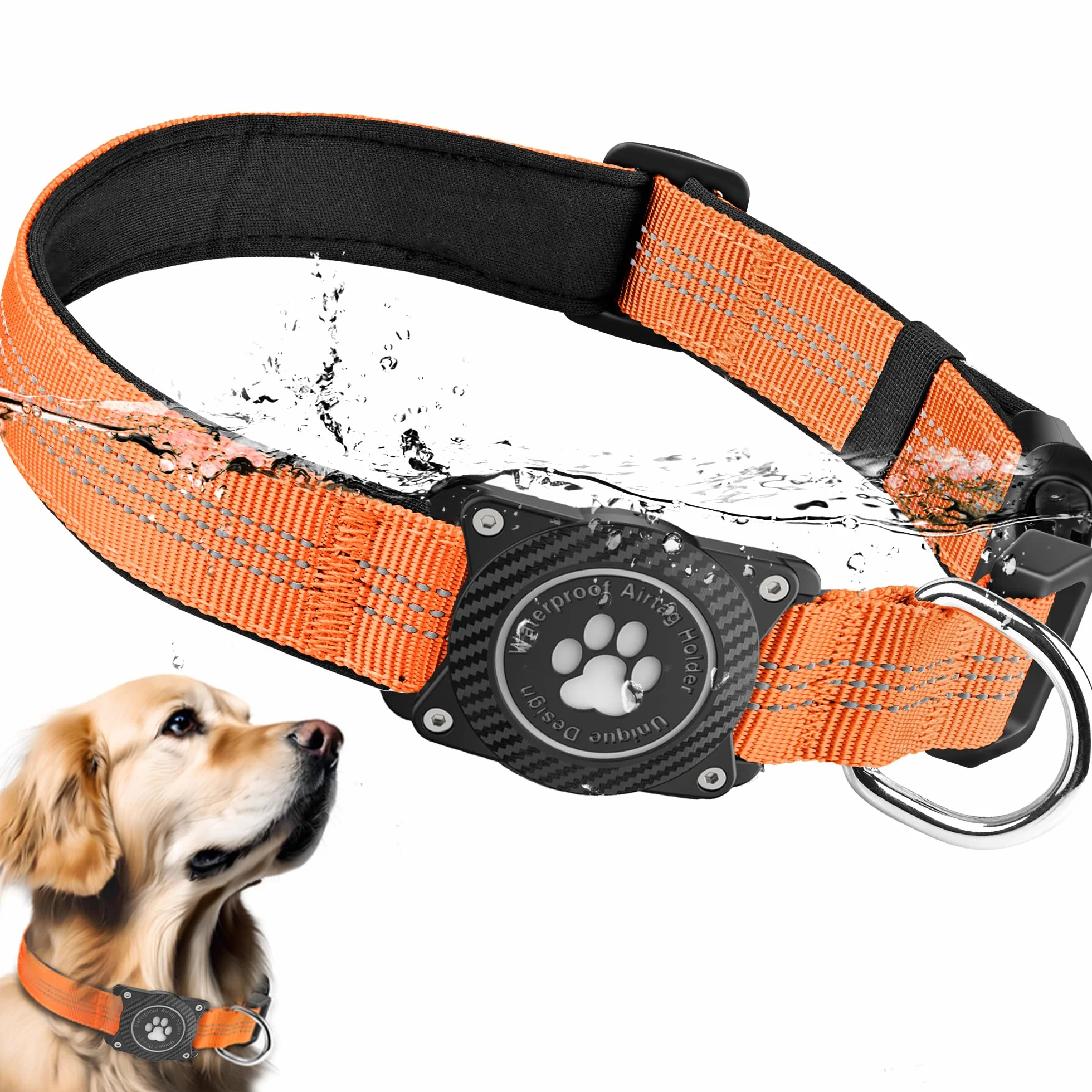 Collier Airtag pour Chien, Support Lumineux Étanche, Collier Réglable en Nylon Réfléchissant pour Apple Air Tag, Orange
