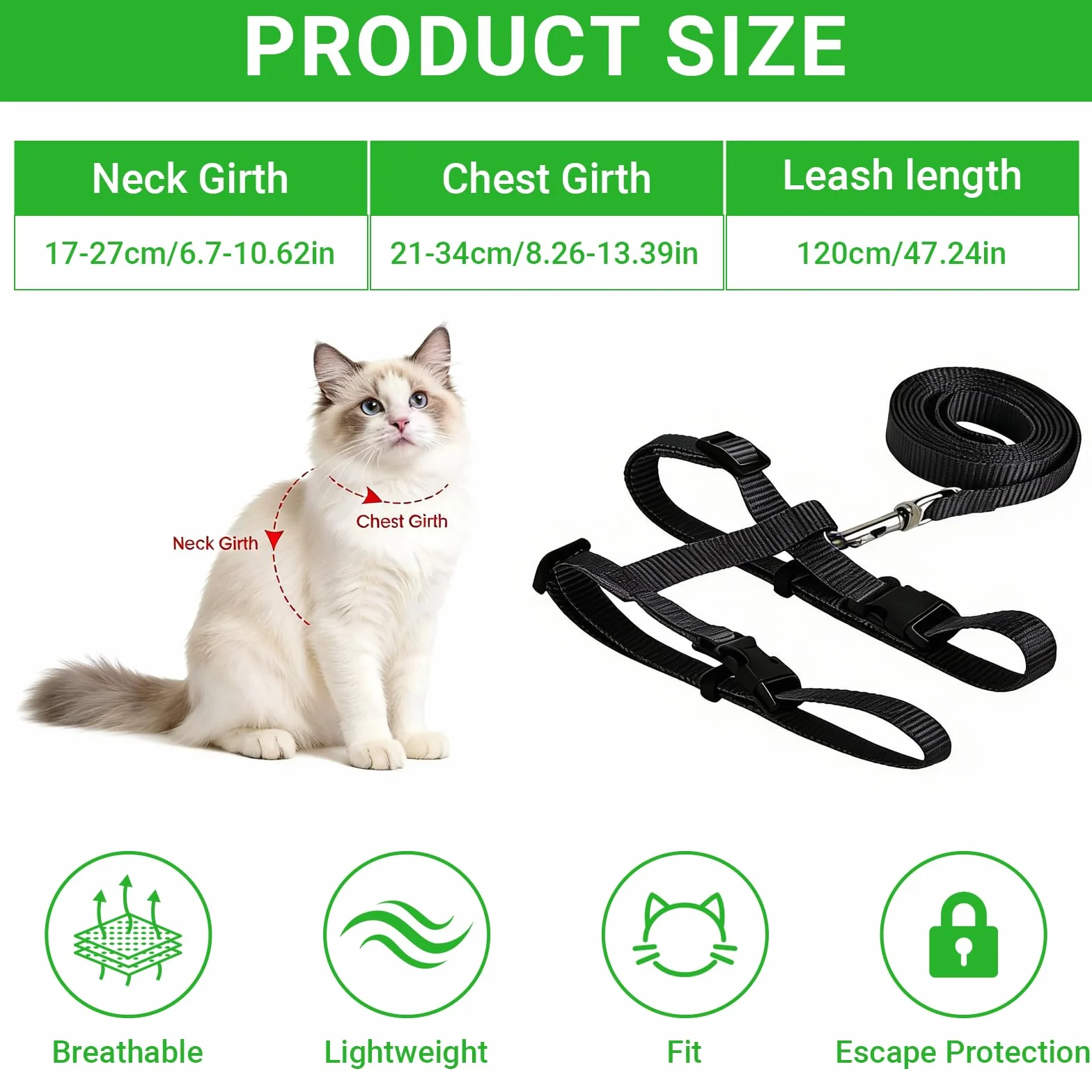 Harnais et Laisse pour Chat Doux Réglable Anti-Fuite avec Boucle de Sécurité