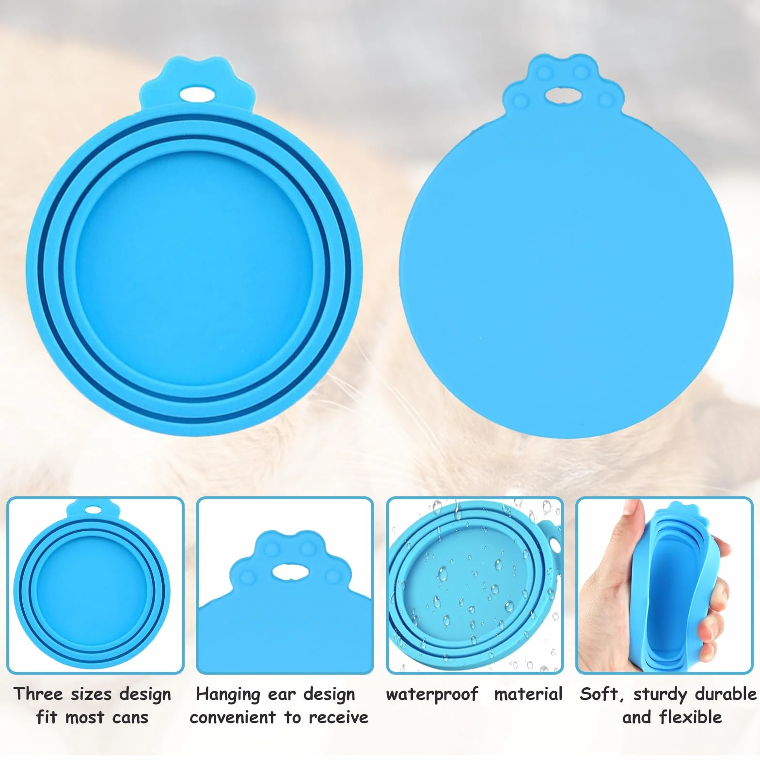 Lot de 4 couvercles de boîtes de conserve pour nourriture pour chat Couvercles universels en silicone pour boîtes de nourriture pour animaux de compagnie 3 en 1 tailles standards avec 4 crochets en