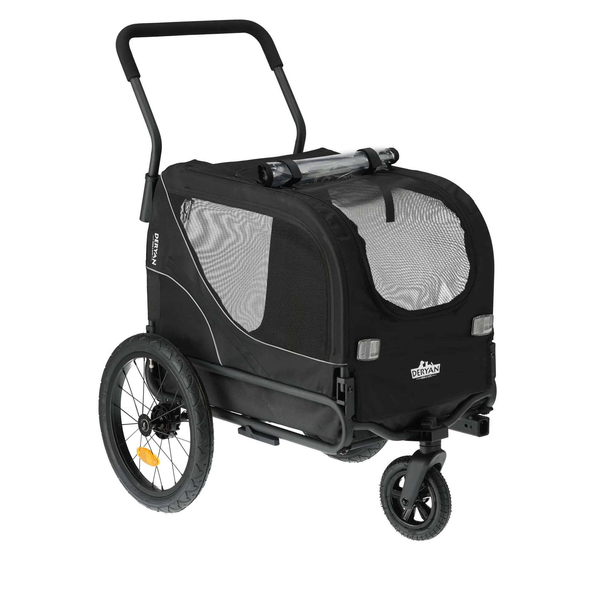 Deryan Remorque Velo Chien 3 en 1 Pliable avec Reflecteurs, Charge Maximale 20 kg, Noir