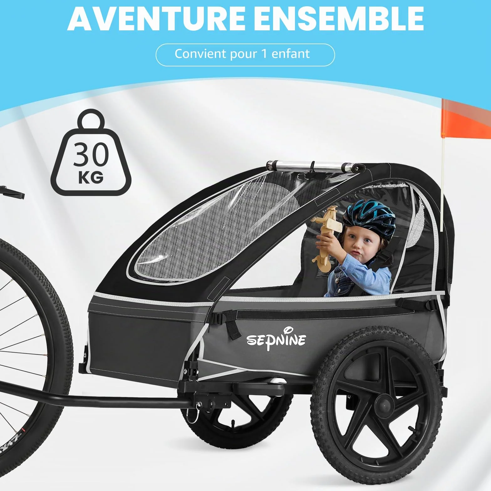 Remorque de vélo pliable pour 1 à 2 enfants à partir de 12 mois, fixation rapide, harnais 5 points