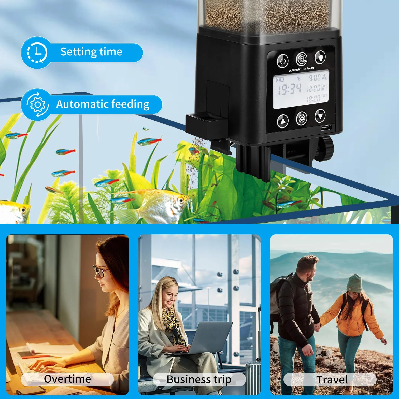 Mangeoire Automatique pour Poissons Minuteur Rechargeable avec écran LCD 320ml Anti-humidité