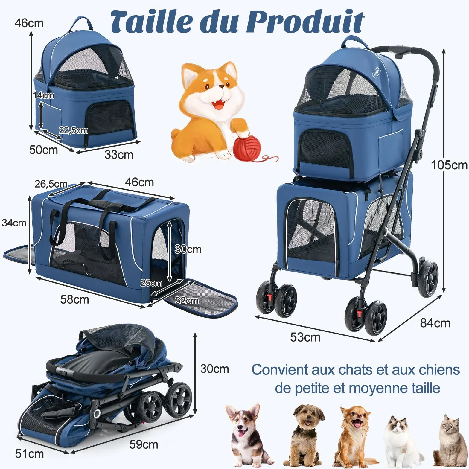 GOPLUS 3 en 1 Poussette Pliable à 2 Niveaux pour Chien Chat, 2 Sacs Détachables, Fenêtre en Maille, Roues avec Freins, Coussins Amovibles, Chariot de Voyage pour Chiens, Chats (Bleu)