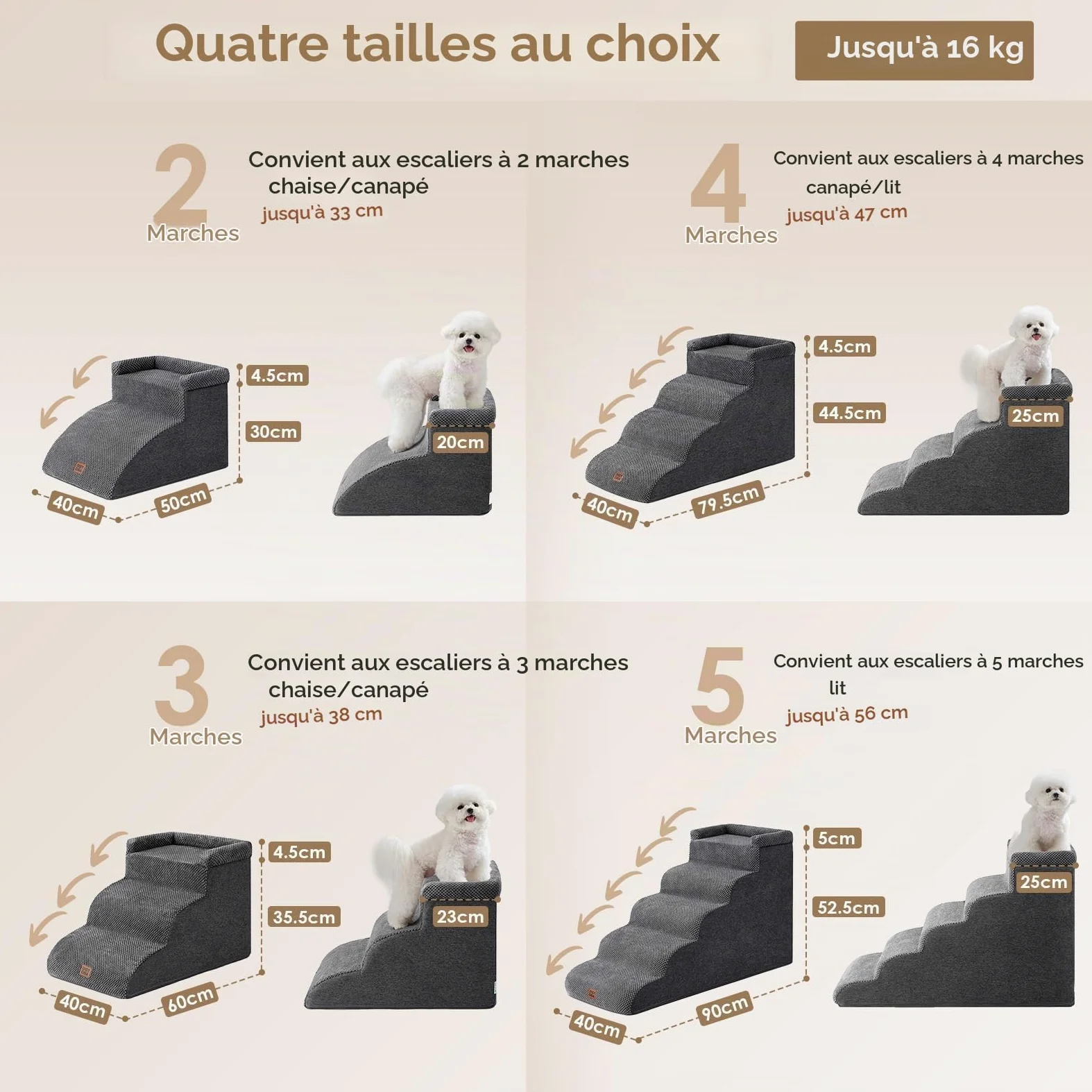 EHEYCIGA Escalier Chien 4 Marches 44.7cm H, Rampe Chien pour Canapé Lit | Mousse Haute Densité, Surface Antidérapante, Housse Amovible et Lavable, Pour Petits Chiens et Chats, Gris