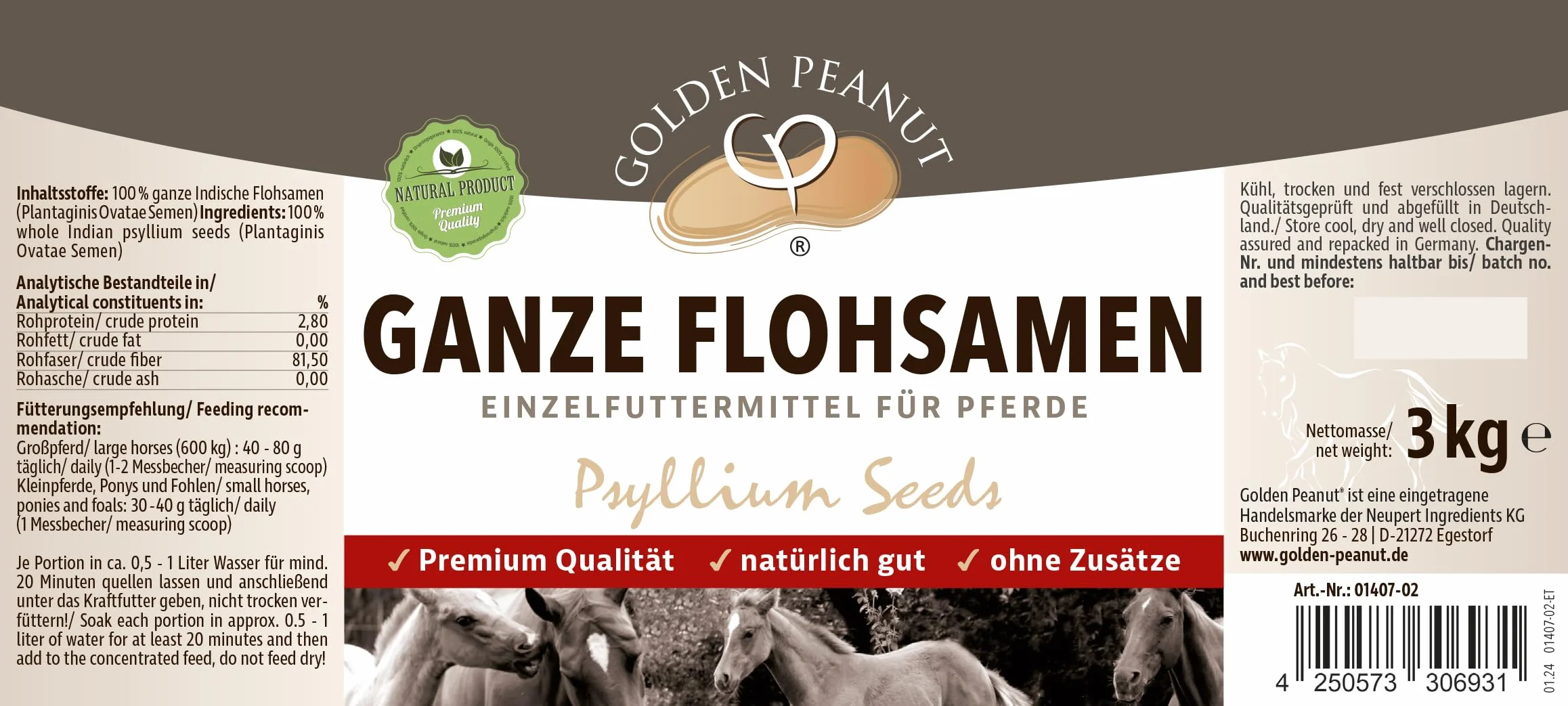 GOLDEN PEANUT Graines de psyllium indiennes 99% 3 kg pour chevaux et poneys