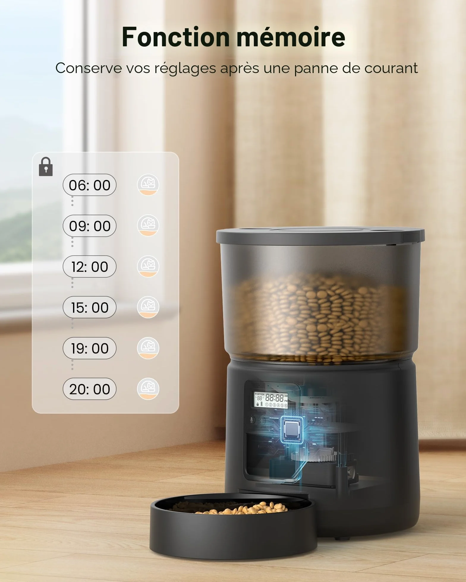 Distributeur Croquettes Chat Automatique avec Minuterie Programmable 1-6 Repas 3L Enregistrement 10s