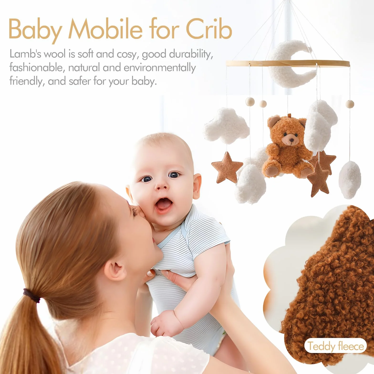 Mobile Bébé Lit Support Bois Table à langer Boîte à musique Nuages Blancs Lune Ours Brun Pendentif