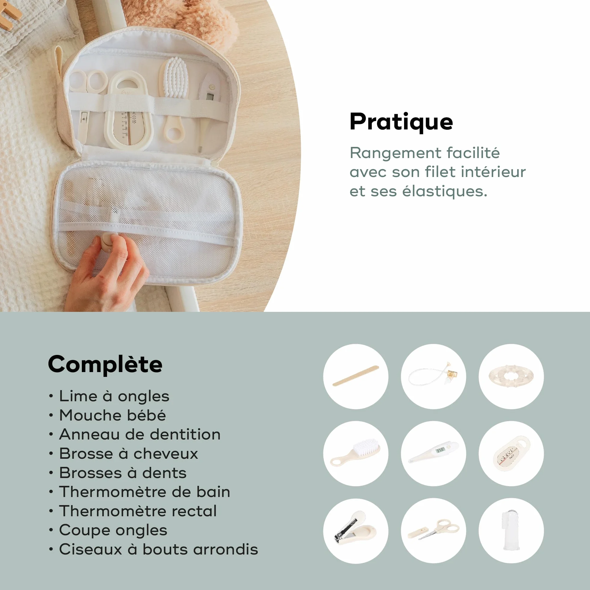 Babymoov Trousse de Soin Bébé - 9 Accessoires Essentiels - Brosse à Cheveux, Thermomètre digital, Thermomètre de bain, Coupe Ongles