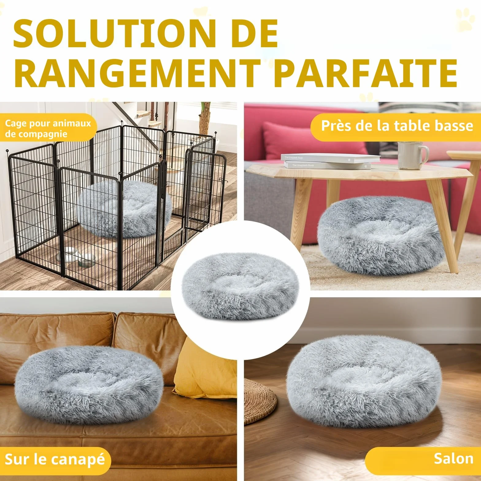 Lit pour chien moelleux rond en forme de donut, lavable avec fond antidérapant, 70 cm, gris