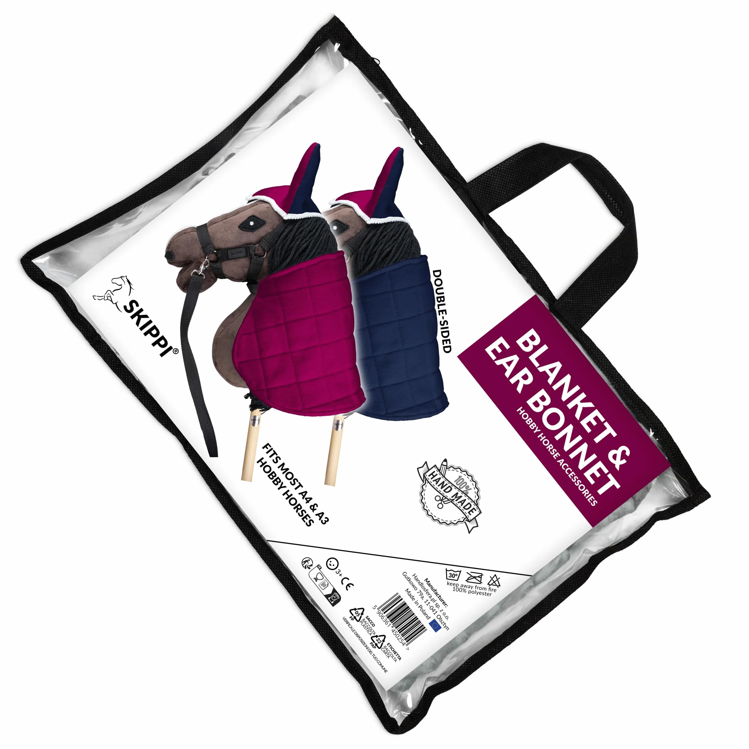 SKIPPI Couverture et Bonnet Hobby Horse - Fuchsia et Bleu Marine, Accessoire Réversible Anti Mouches