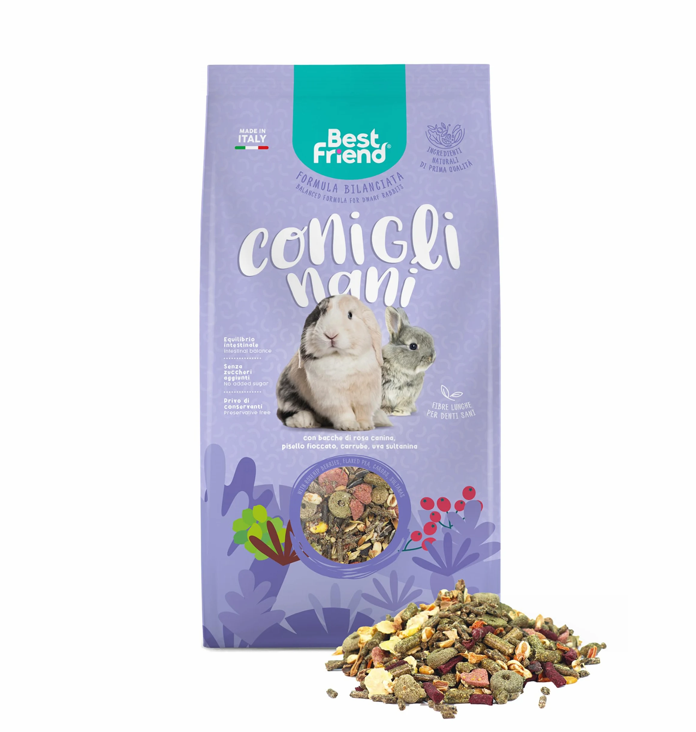 Best Friend Aliment Complet pour Lapins Nains avec Baies de Rose musquée, Pois floqué, caroube, Raisin sultanine. Aliments pour rongeurs avec ingrédients naturels, fabriqués en Italie | Lot de 6
