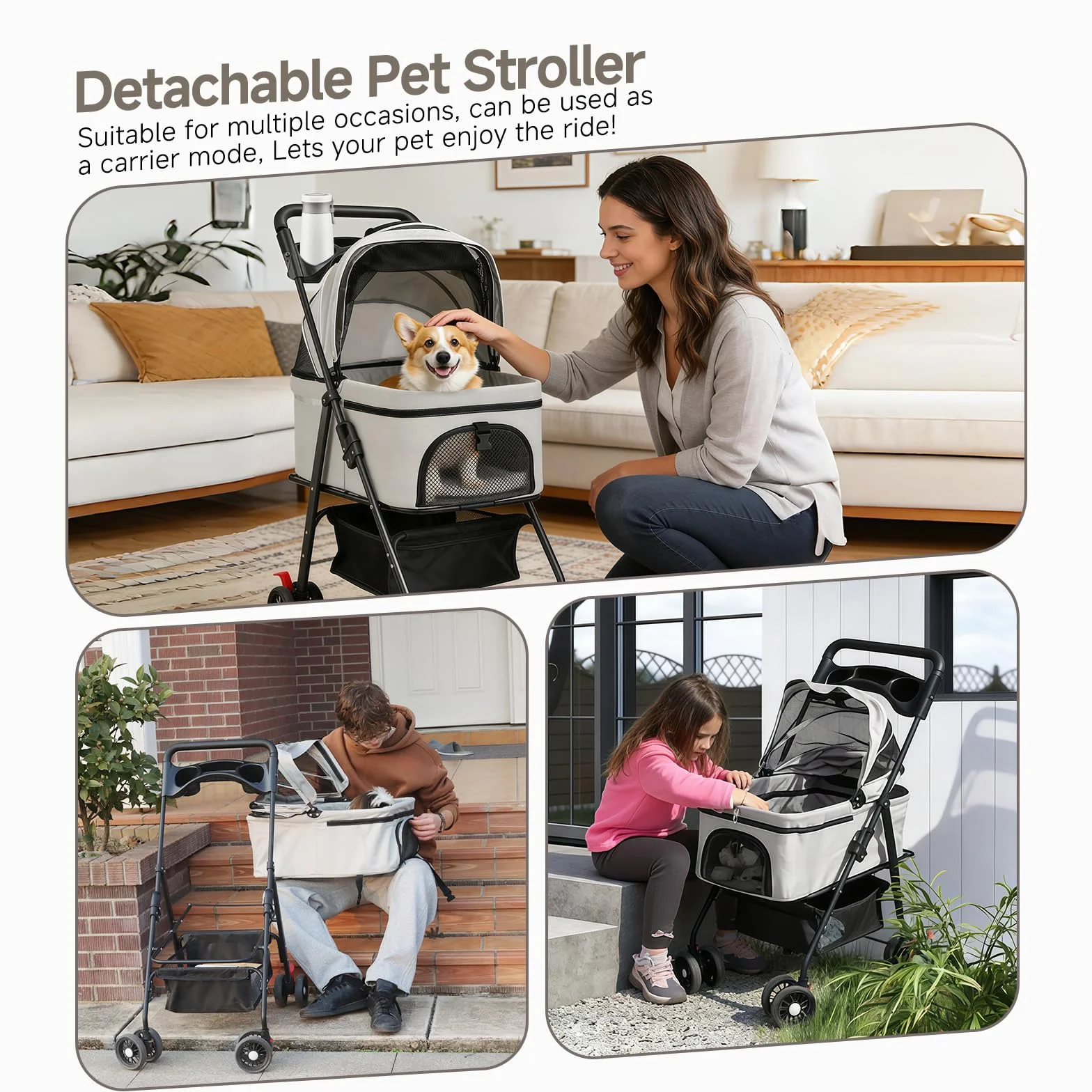 Poussette Pour Chiens et Chats De Petite Taille avec 4 Roues, Poussette 3 En 1 Pliable avec Nacelle Amovible, Mesh Respirant, Panier De Rangement et Porte-Gobelet, Jusqu'à 15 kg