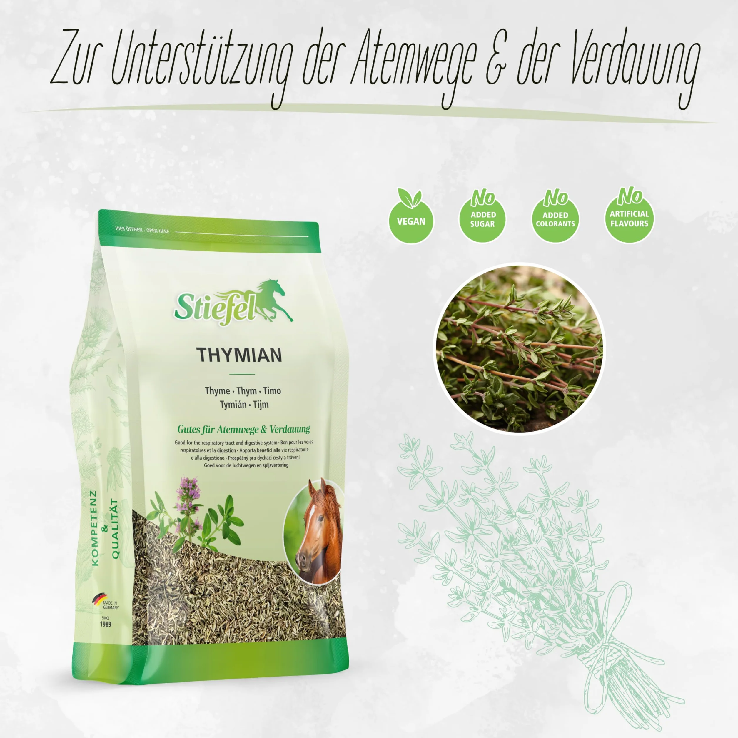 Stiefel Thym 500 g – Complément alimentaire pour chevaux aux herbes de thym, soutient voies respiratoires et digestion