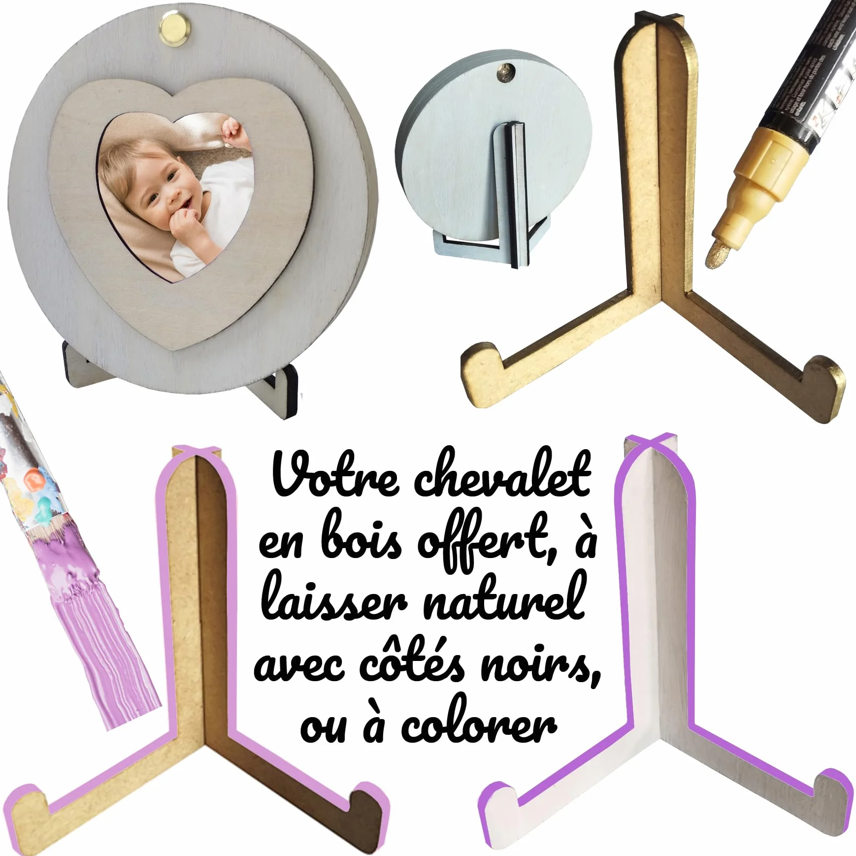 Boîte à dents de lait en bois avec chevalet fabriqué en France Fille Garçon Cadre Photo coeur