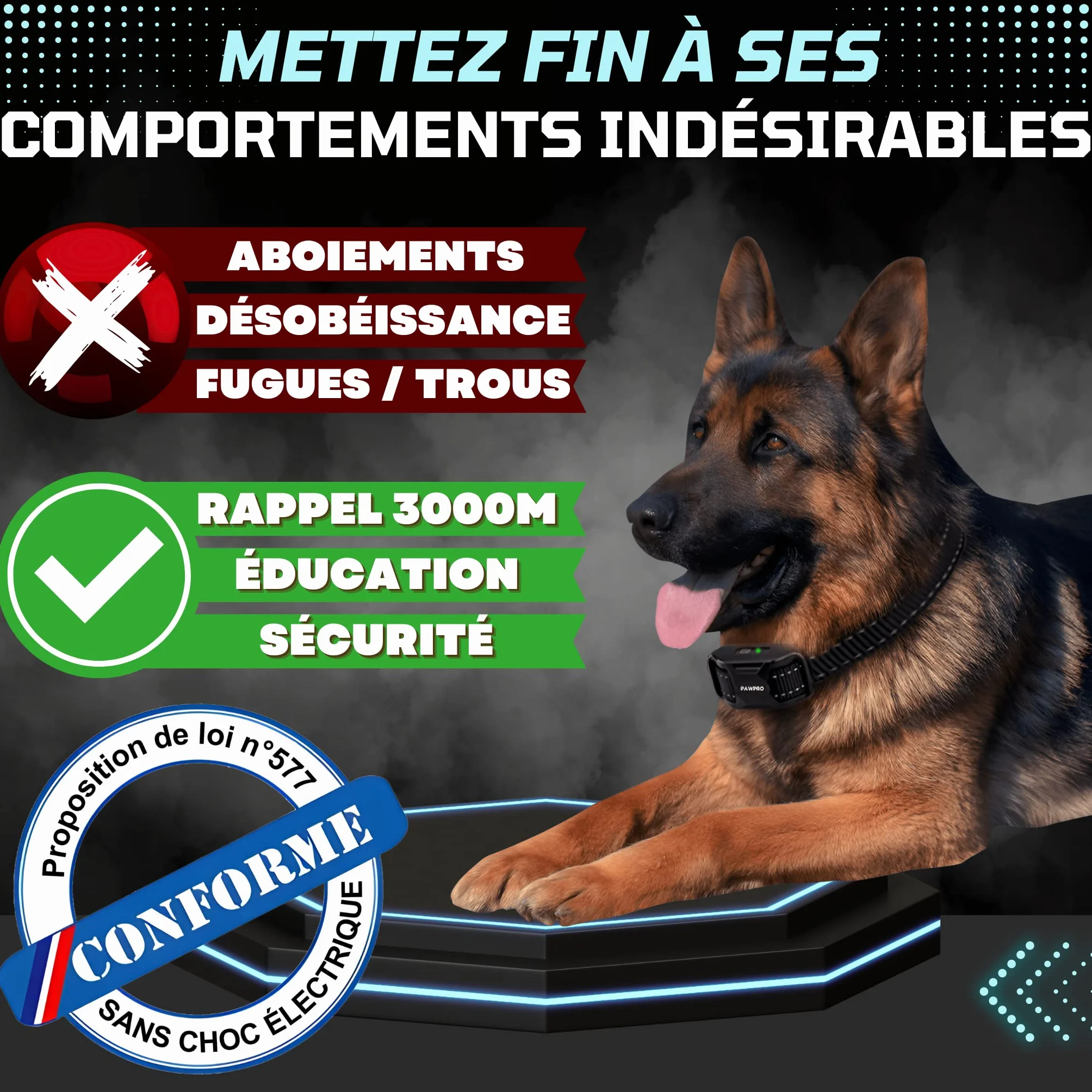 Collier de Dressage PAWPRO 3000m 3 Modes BIP Boost Vibration Conforme Loi 2024